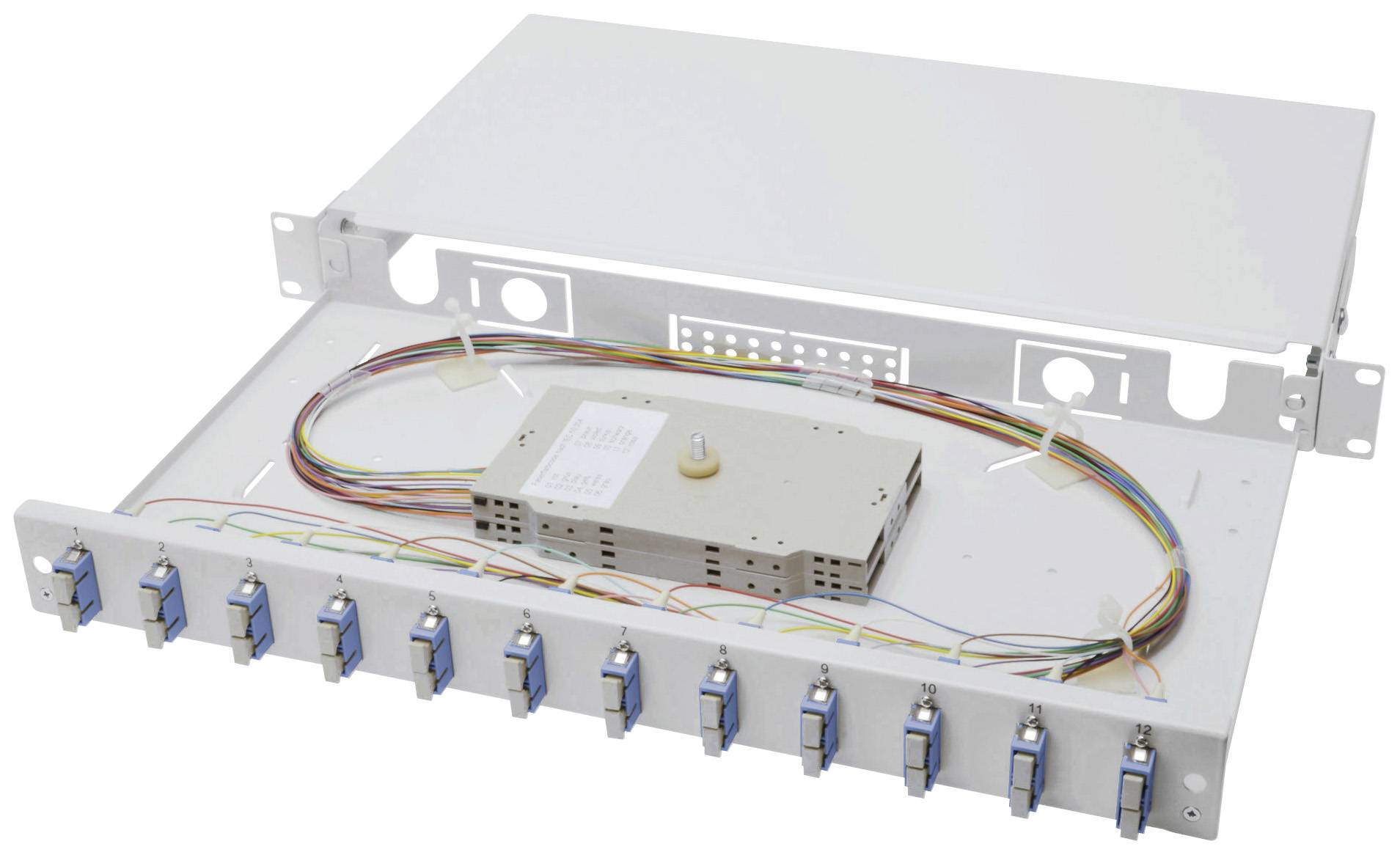 Ein optisches Patchpanel mit mehreren Anschlüssen an der Vorderseite, offenes Gehäuse zeigt bunte Kabel und einen Verteiler im Inneren.