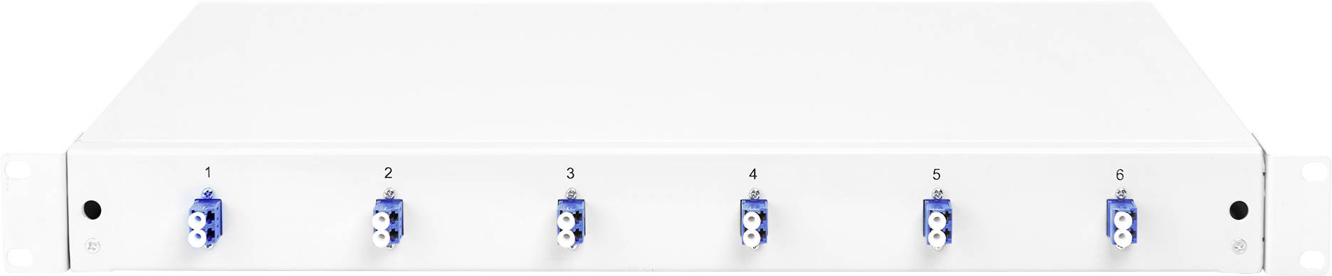 Weiße Netzwerkverteilereinheit mit sechs blauen Anschlüssen, jeweils nummeriert von 1 bis 6.