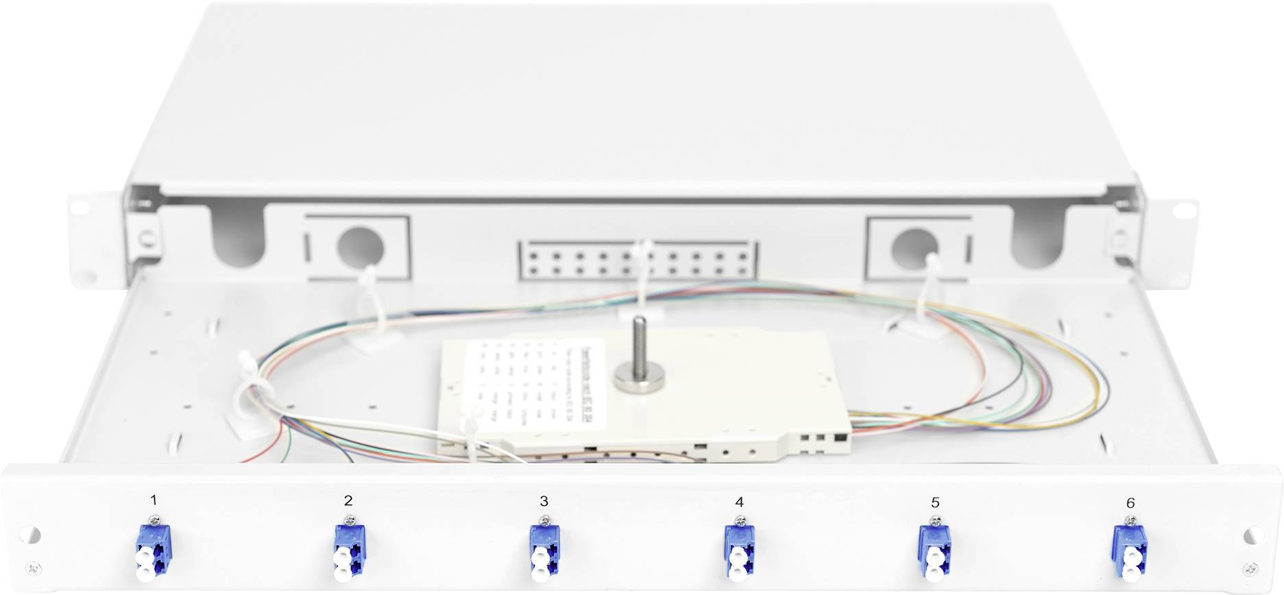 Weißes Glasfaserverteilerpanel mit sechs blauen Anschlussports und Kabeln im Inneren; nummerierte Ports von 1 bis 6.