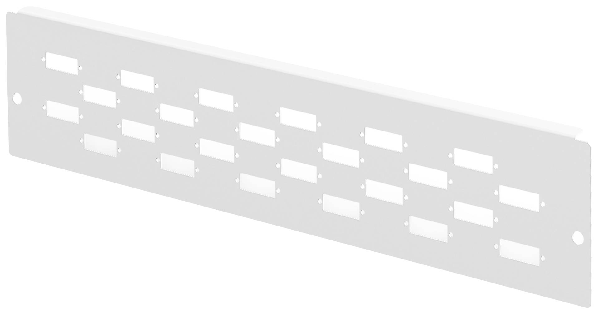 Ein weißes Montagepaneel mit mehreren rechteckigen Ausschnitten für Anschlüsse. Es ist länglich und hat Befestigungslöcher an den Seiten.