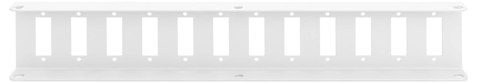 Weißes Metall-Rackmontagepanel mit 12 gleichmäßig verteilten vertikalen Schlitzen oder Befestigungspunkten und Schraubenlöchern an beiden Enden.