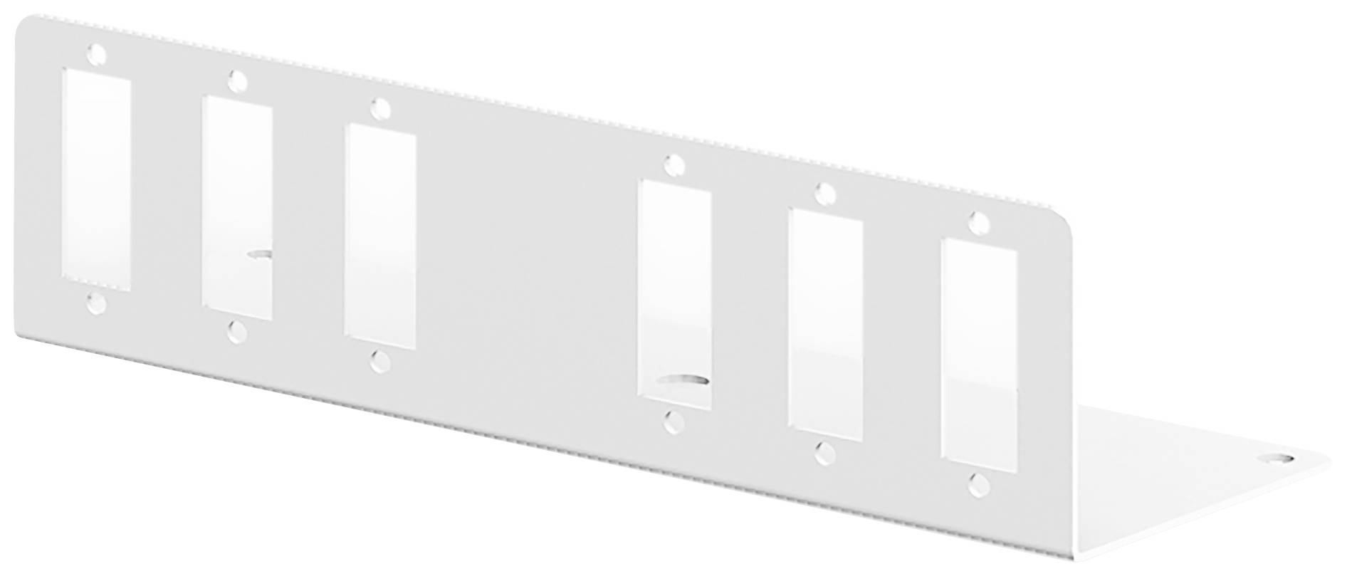 Metallwinkelhalterung mit vier rechteckigen Aussparungen und fünf Befestigungslöchern, wahrscheinlich für Montagezwecke bestimmt.