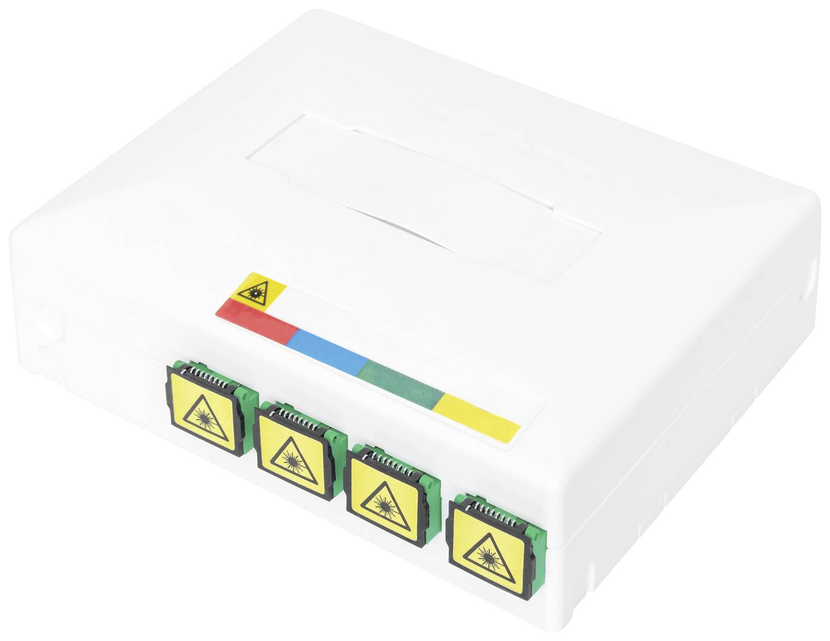 Ein rechteckiges, weißes Kunststoffgehäuse mit vier farbigen Anschlüssen an der Seite, die jeweils mit einem Warnsymbol versehen sind.