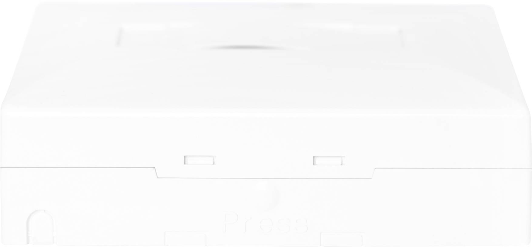 Ein weißes quadratisches Gehäuse mit leicht sichtbarem Verschluss und glatter Oberfläche, möglicherweise ein technisches Gerät oder eine Abdeckung.