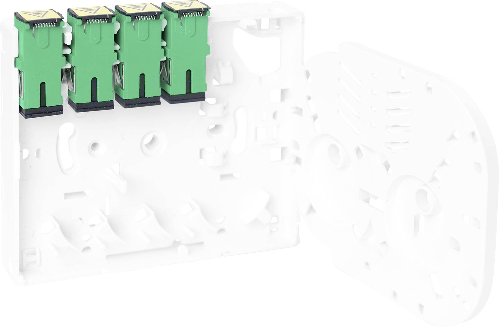 Glasfaser-Abschlussdose mit vier grünen Steckmodulen, montiert auf einer weißen Kunststoffplatte. Geeignet für Wandmontage.