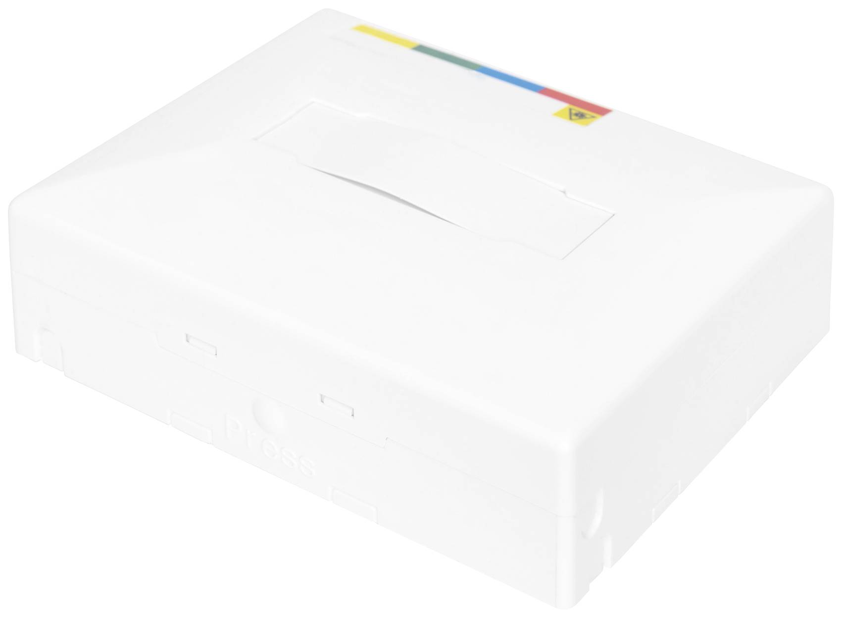 Eine weiße Box mit einem farbcodierten Streifen und einem Symbol oben rechts.