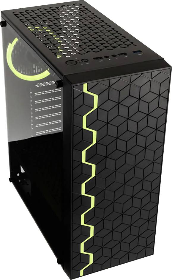 Schwarzes Computergehäuse mit transparentem Seitenteil und einem hervorstehenden, grob graphischen Muster auf der Vorderseite.