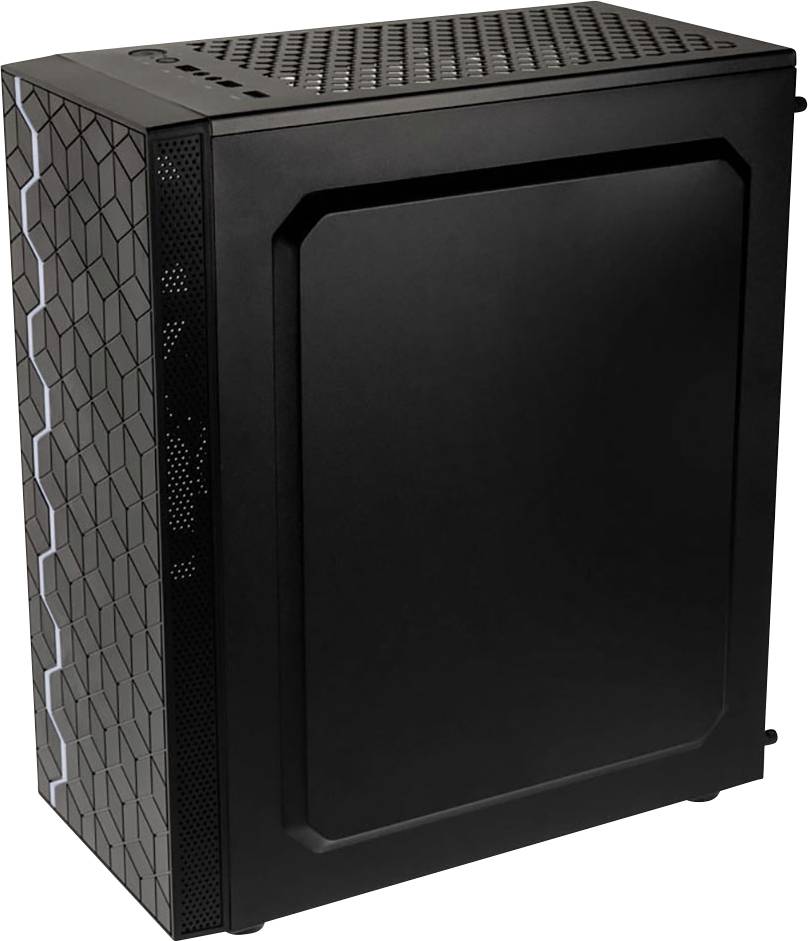Schwarzes Computergehäuse mit seitlicher Belüftung und geometrischem Design an der Front.