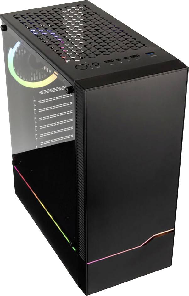 Ein schwarzes Computergehäuse mit durchsichtiger Seitenwand und bunter LED-Beleuchtung. Oben befinden sich verschiedene Anschlüsse.