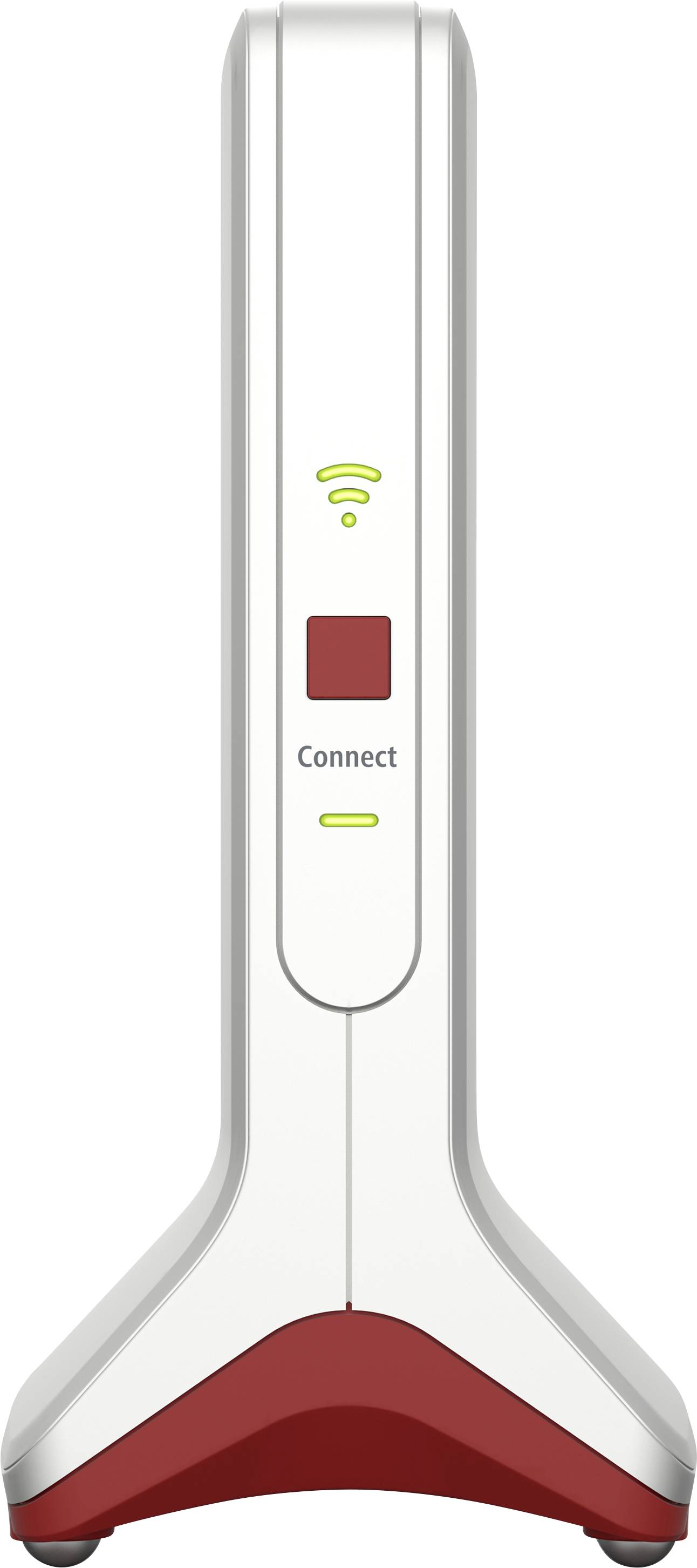 Weißer WLAN-Repeater mit rotem Sockel, vertikal ausgerichtet, zeigt ein grünes WLAN-Symbol und die Beschriftung 'Connect'.