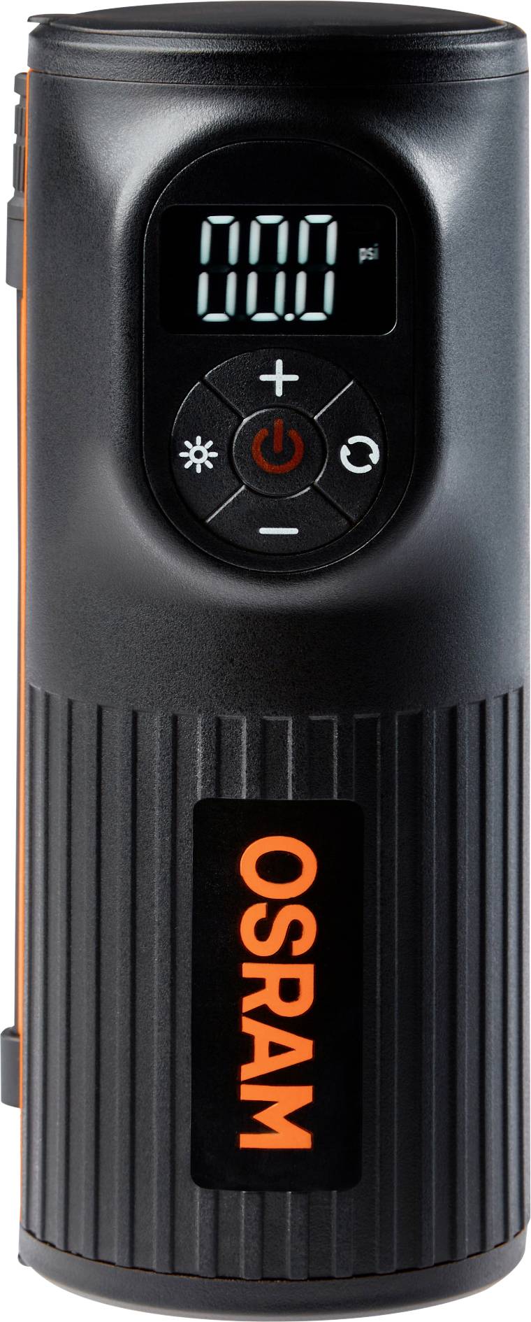 Ein tragbarer, schwarzer Luftkompressor mit Digitalanzeige und Bedientasten. Markenname 'Osram' in Orange auf der Vorderseite.