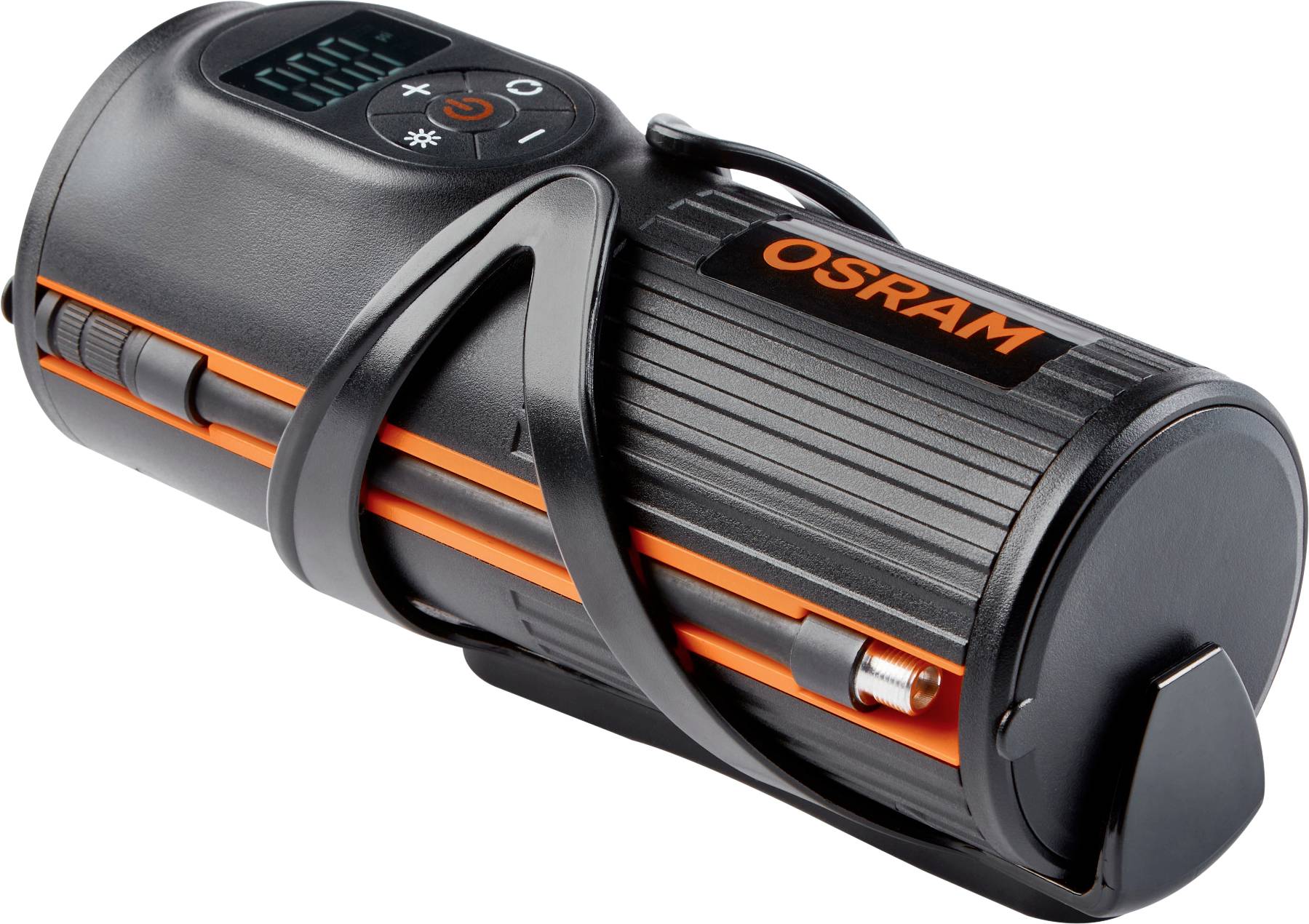 Taschenlampe der Marke OSRAM mit schwarz-orangefarbenem Design und digitalem Display auf der Oberseite.