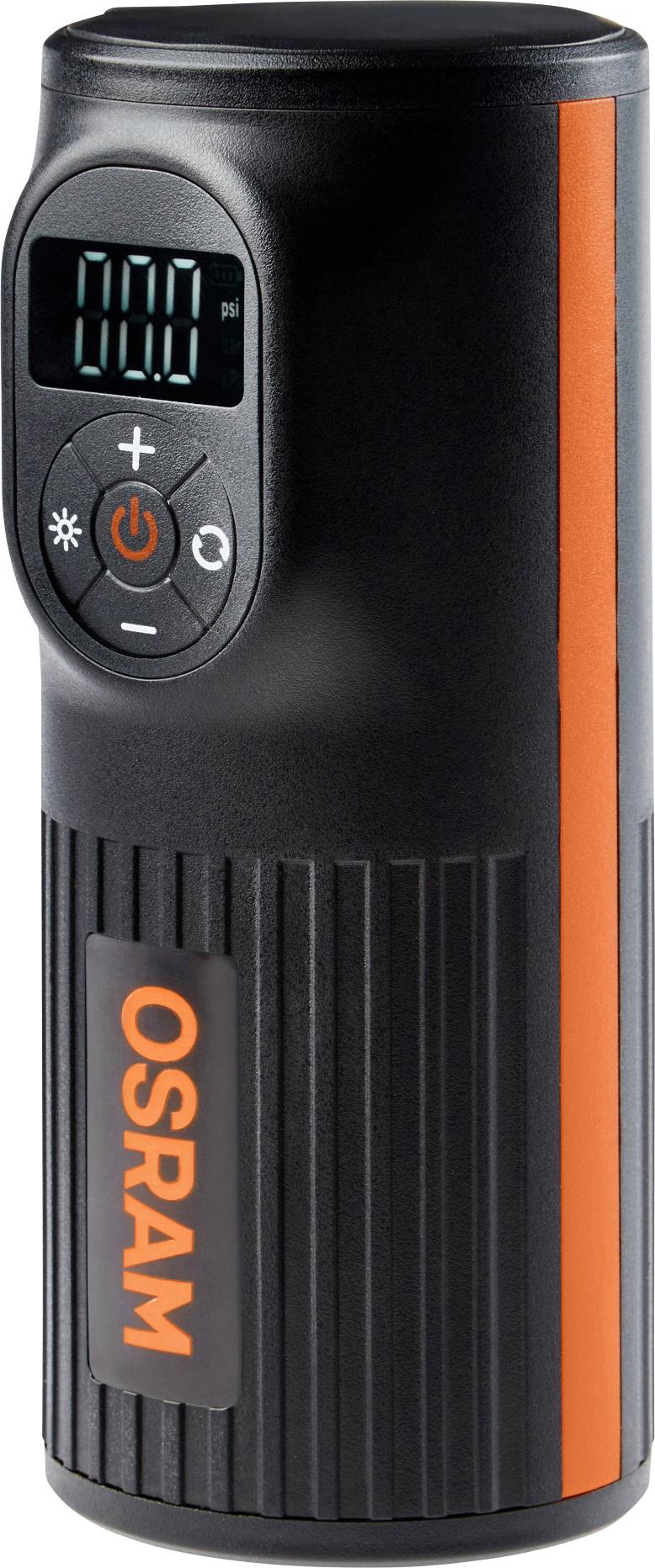 Schwarzes und orangefarbenes tragbares Gerät von OSRAM mit digitaler Anzeige und Tasten zur Steuerung.