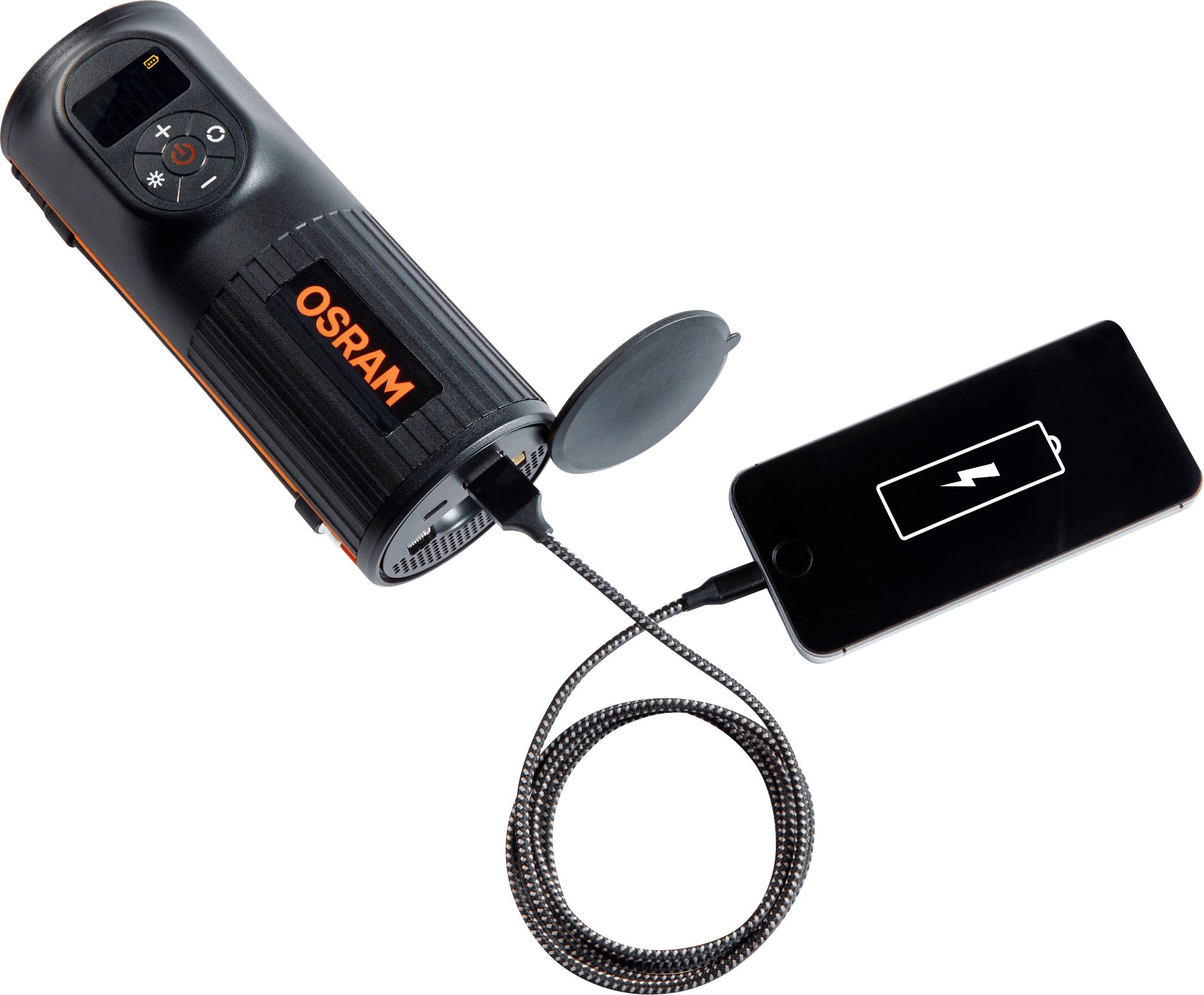 Eine OSRAM-Taschenlampe lädt ein Smartphone über ein Kabel auf. Das Smartphone-Display zeigt ein Ladesymbol.
