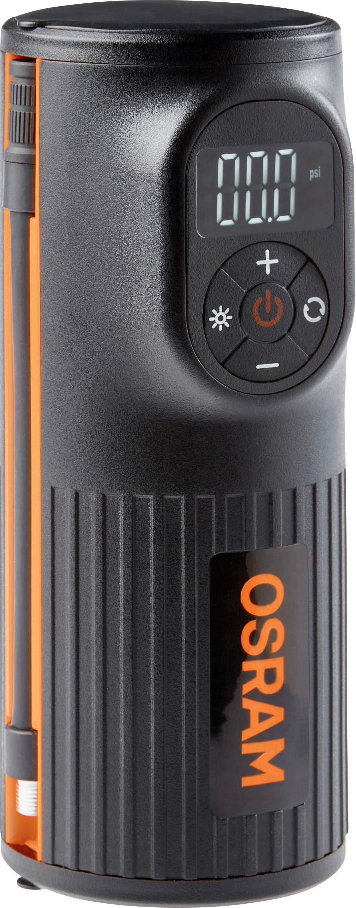 Schwarzer, zylindrischer elektrischer Kompressor mit OSRAM-Logo, Digitalanzeige und Bedientasten, verwendet zum Aufpumpen von Reifen.