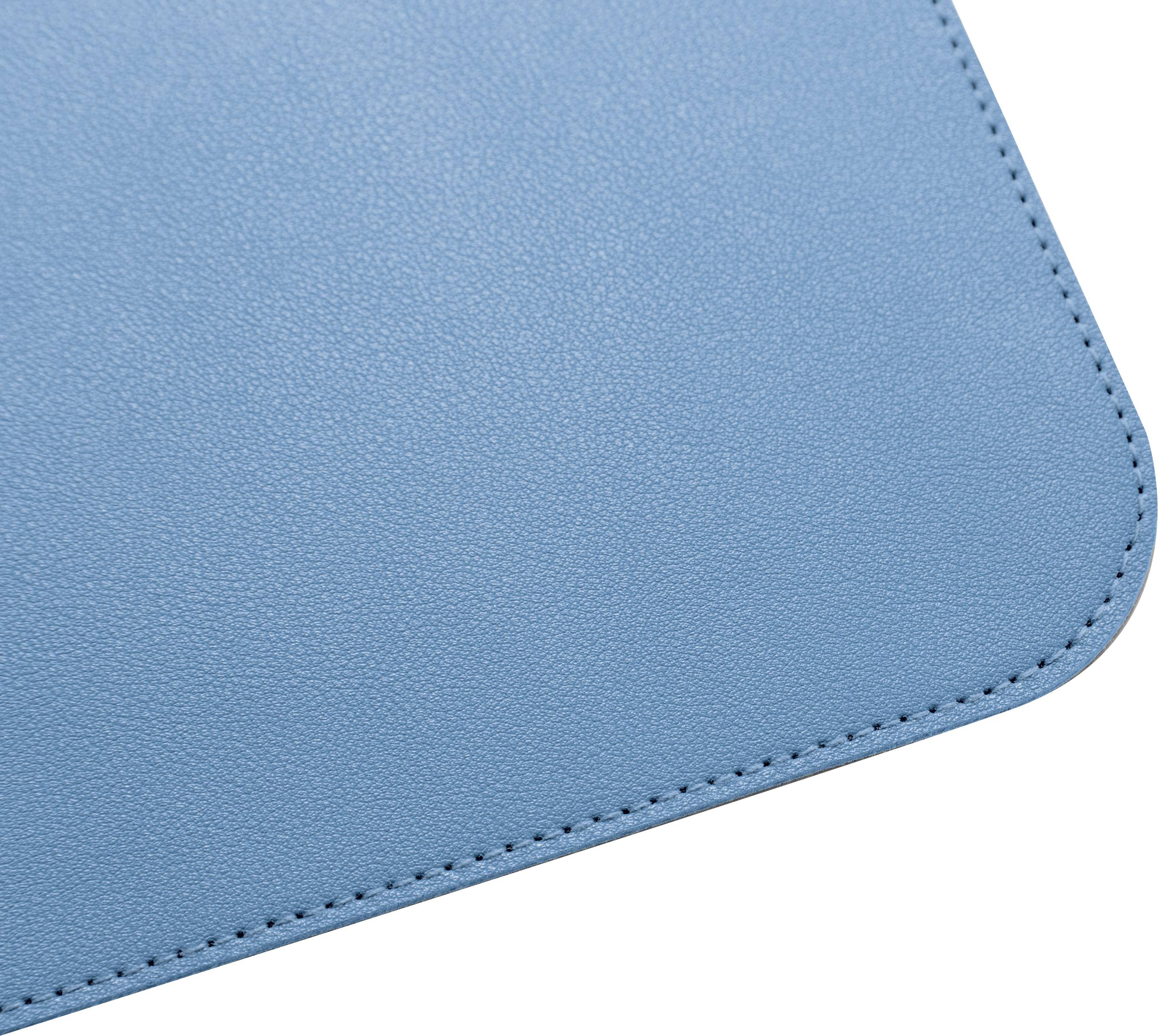 Blauer, rechter, abgerundeter Eckenabschnitt einer strukturierten Oberfläche, wahrscheinlich Leder oder Kunstleder.