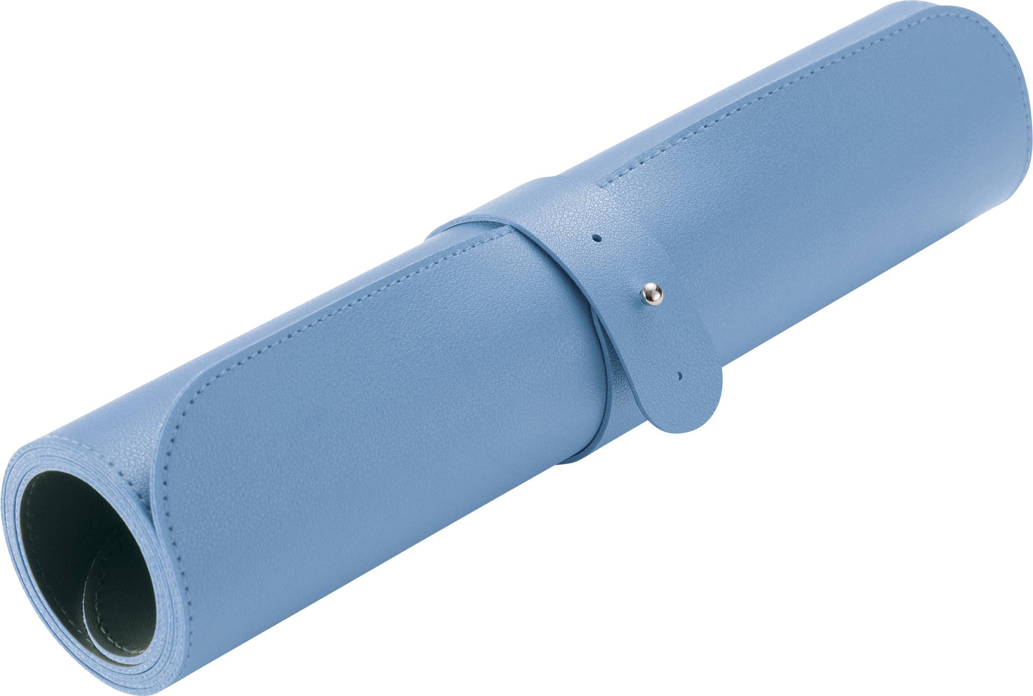 Eine blaue, zusammengerollte Lederhülle, die mit einem Riemen verschlossen ist.