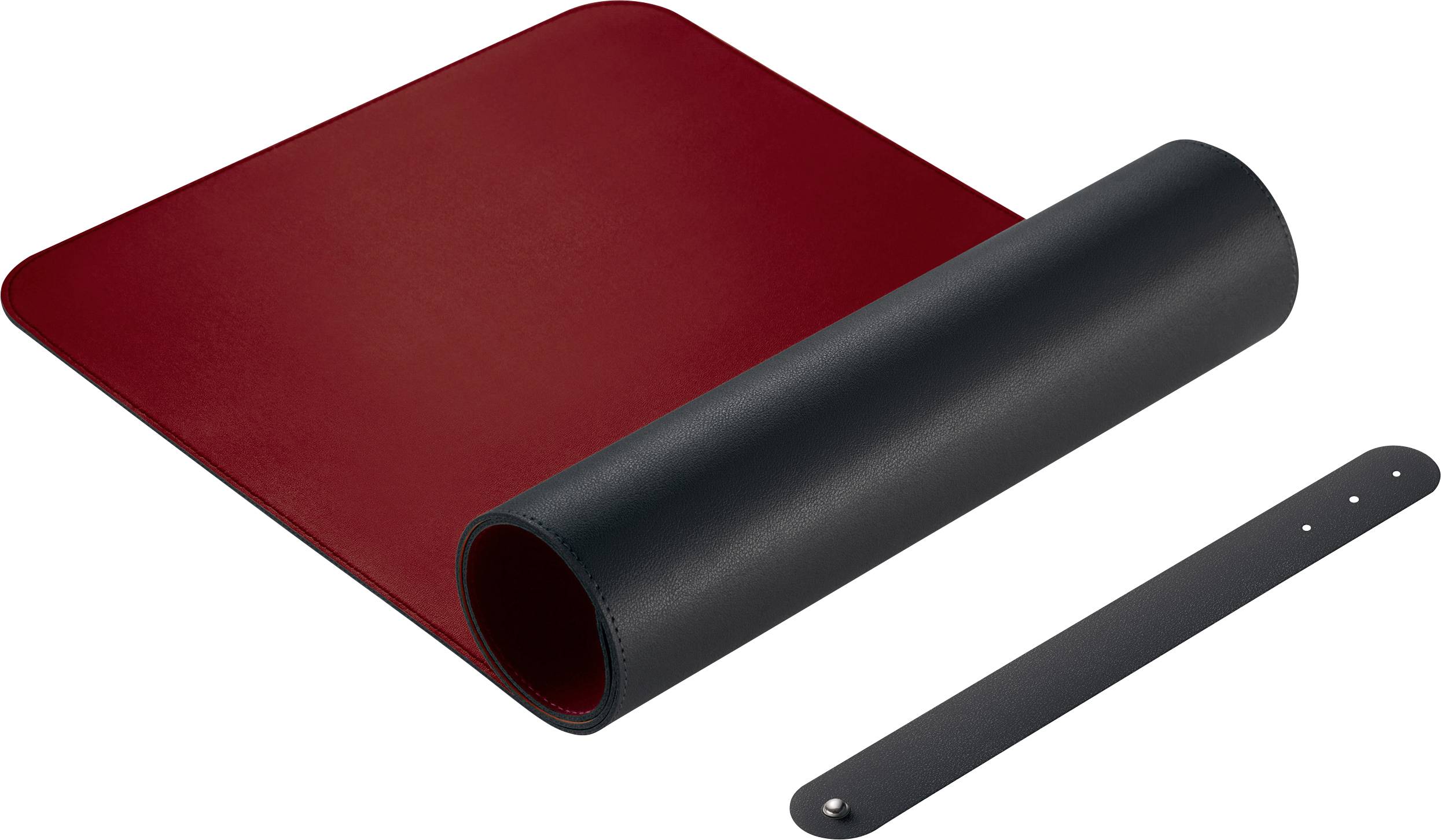 Rote und schwarze Schreibtischunterlage aus Leder, teilweise aufgerollt, mit passendem Lederriemen daneben.