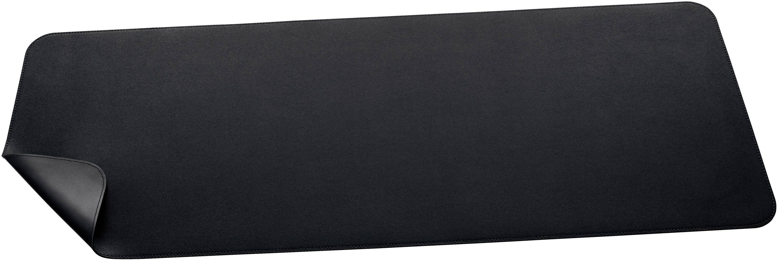 Eine schwarze, rechteckige Schreibtischunterlage mit abgerundeten Ecken und leicht hochgeklappter Ecke unten links.
