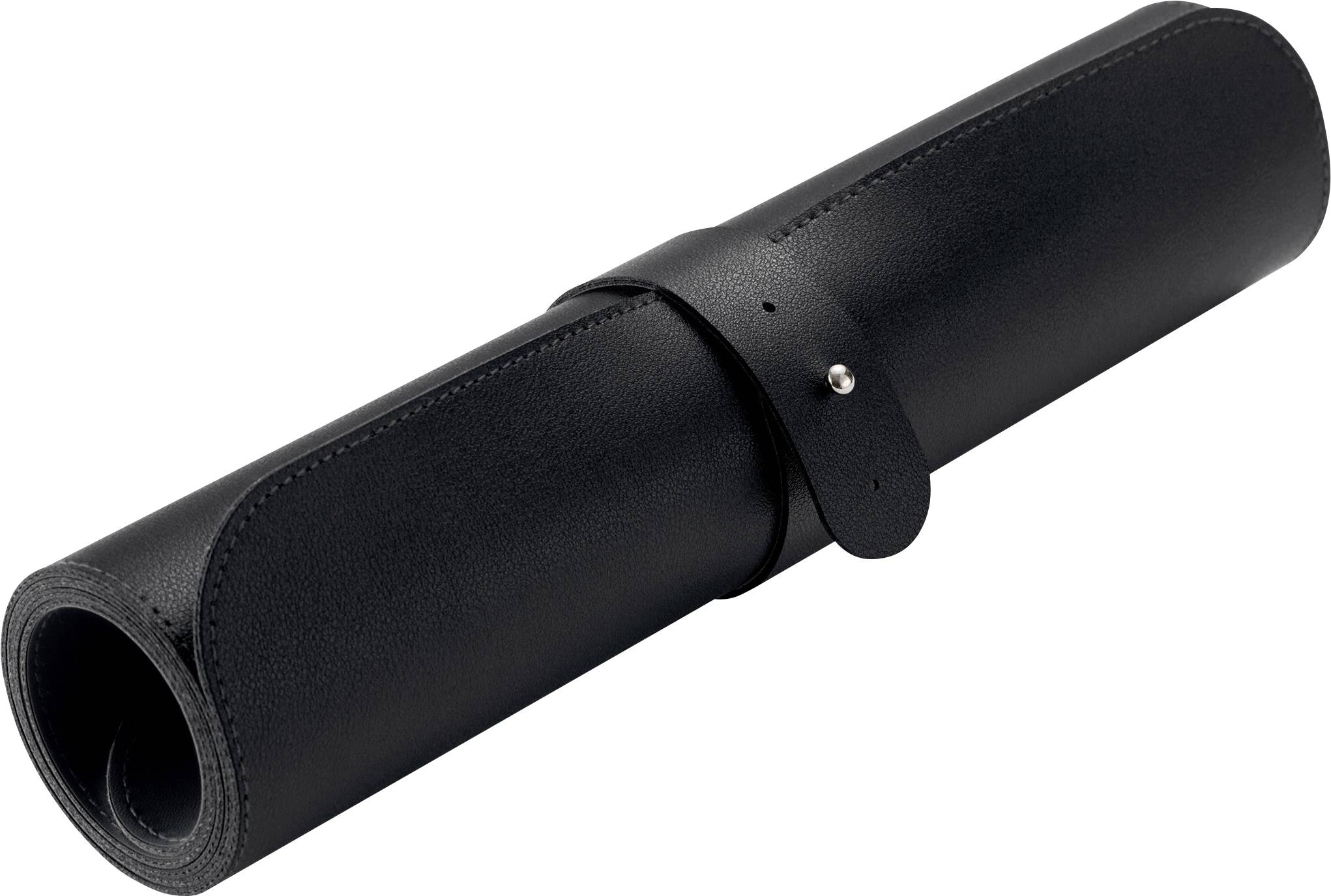 Zusammen gerollte schwarze Ledermatte mit Schnalle, geeignet für transportable Nutzung.