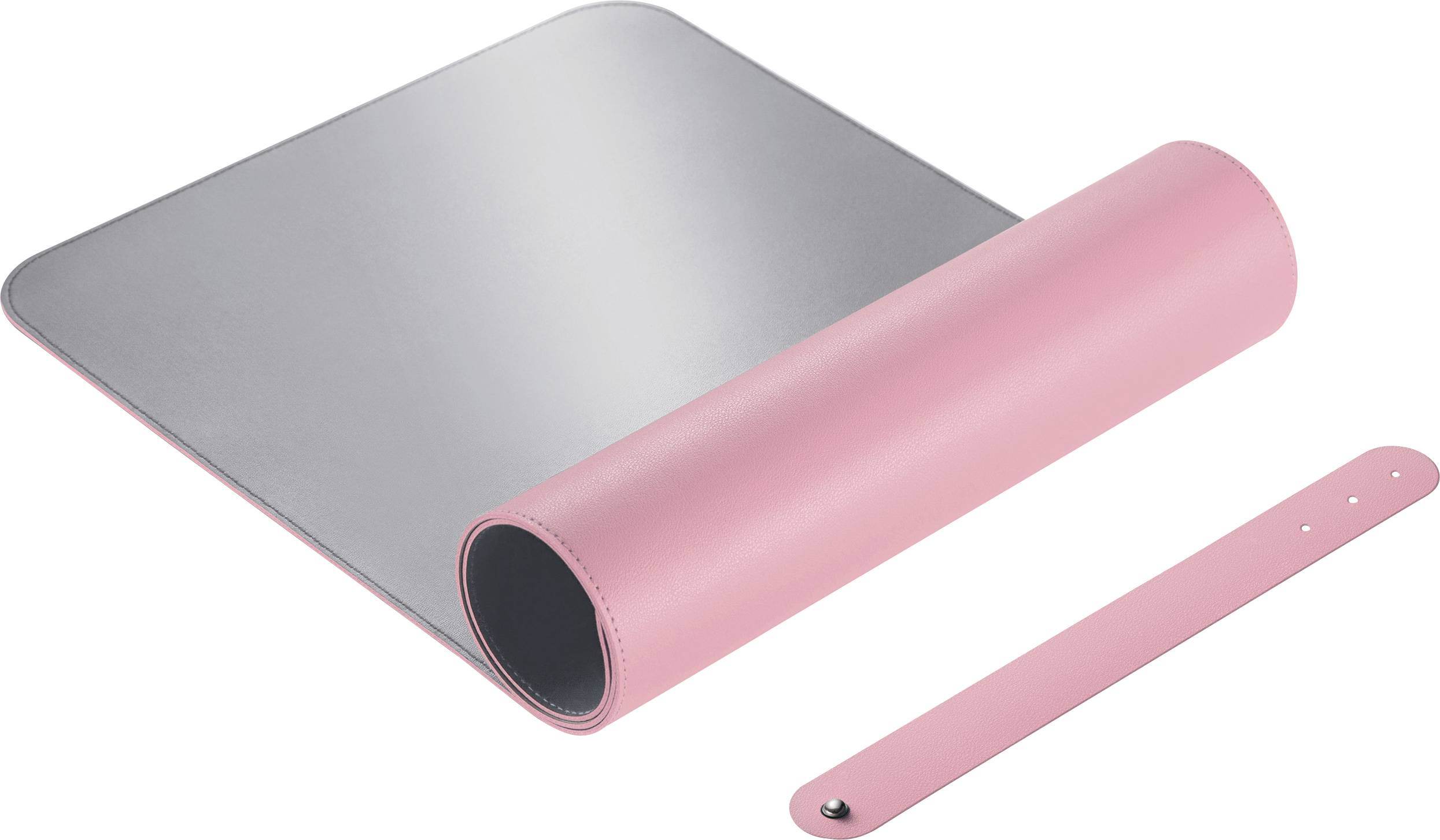 Rosa und graue Schreibtischunterlage, teilweise eingerollt, mit passender Befestigungsband.