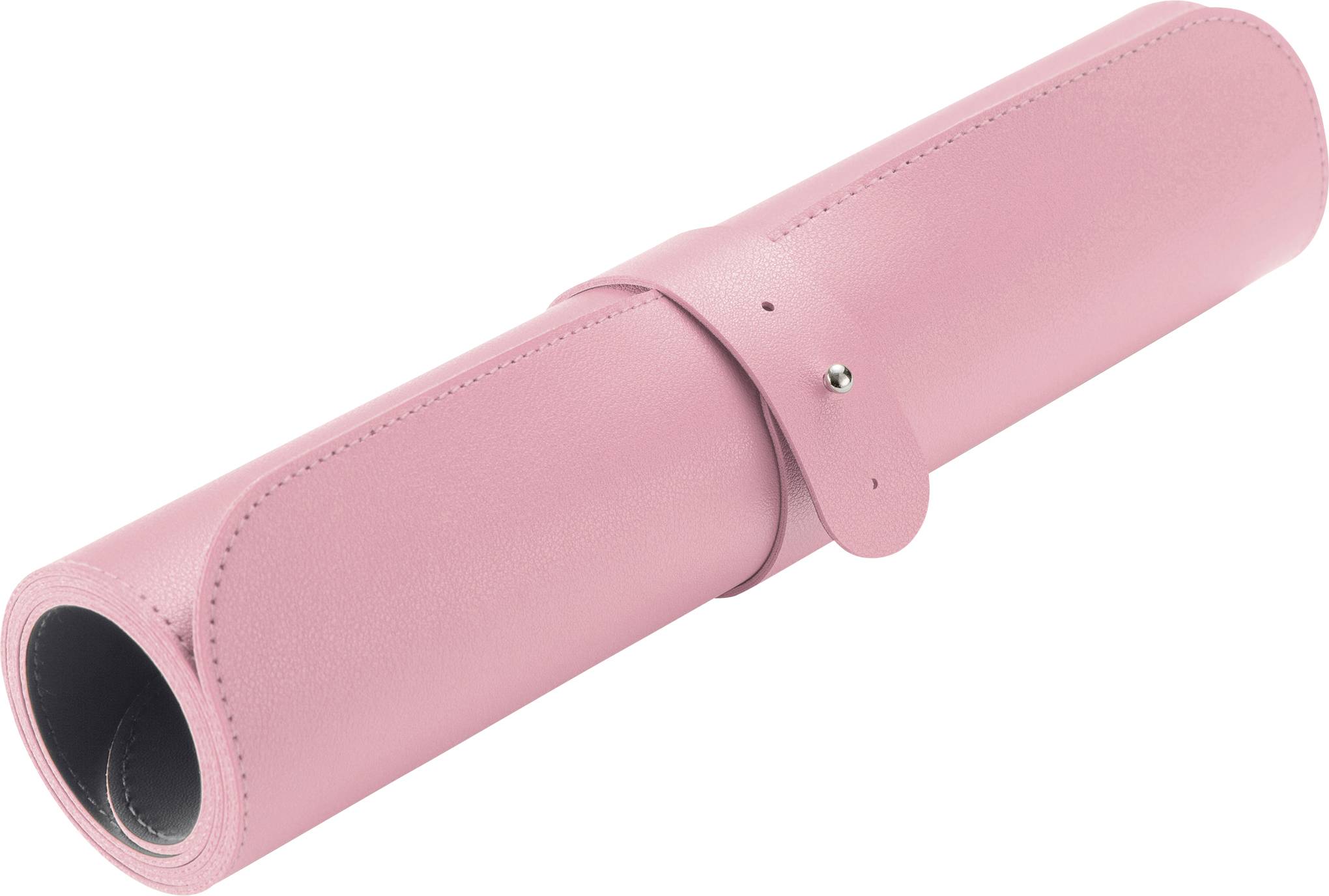 Rosa Lederrolle, zusammengeschoben, mit einem Knopfverschluss. Perfekt für das sichere Aufbewahren und Transportieren von Gegenständen.