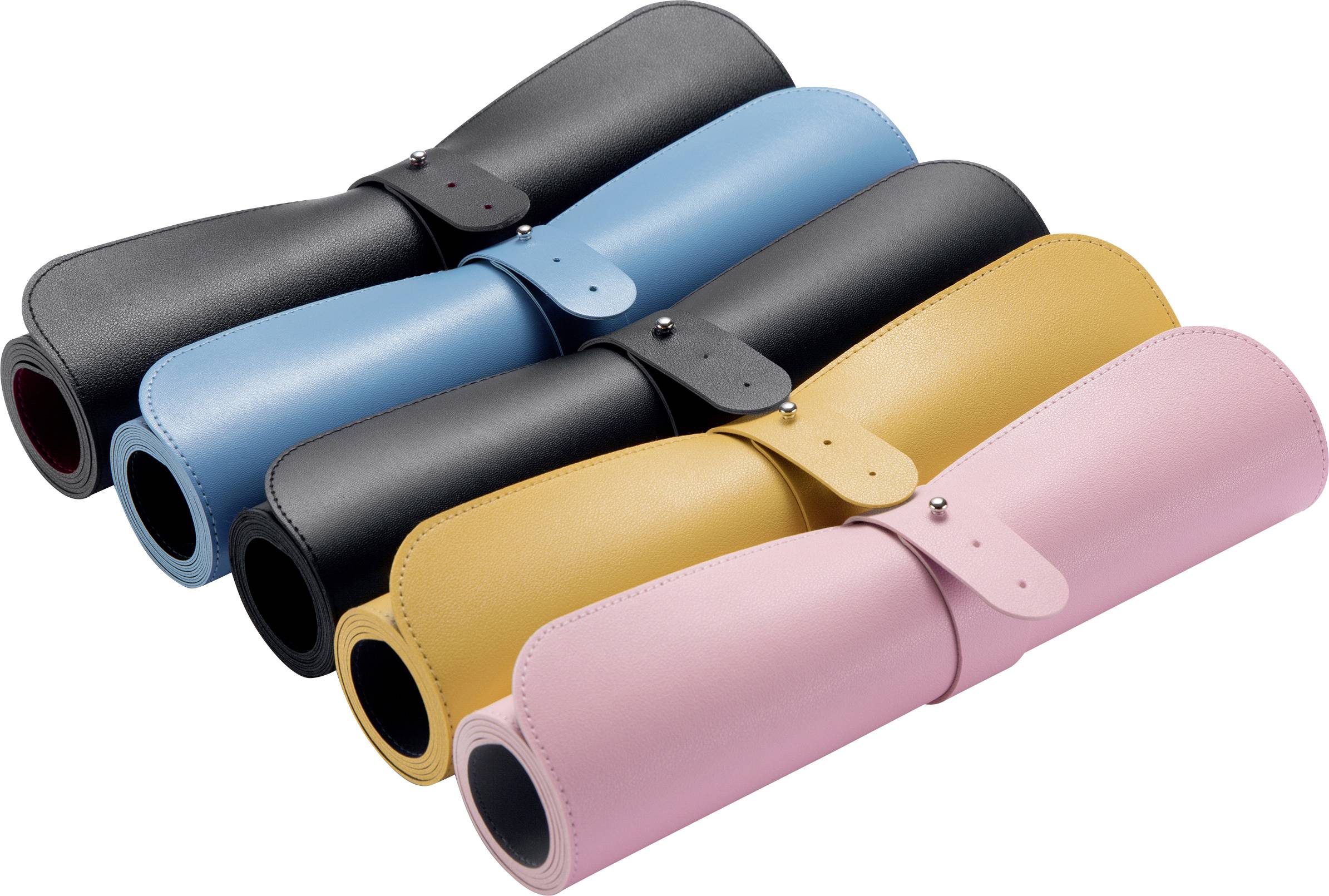 Fünf zusammengerollte Lederproduktfutomaki in verschiedenen Farben: Schwarz, Blau, Gelb, Rosa, übereinander gestapelt.
