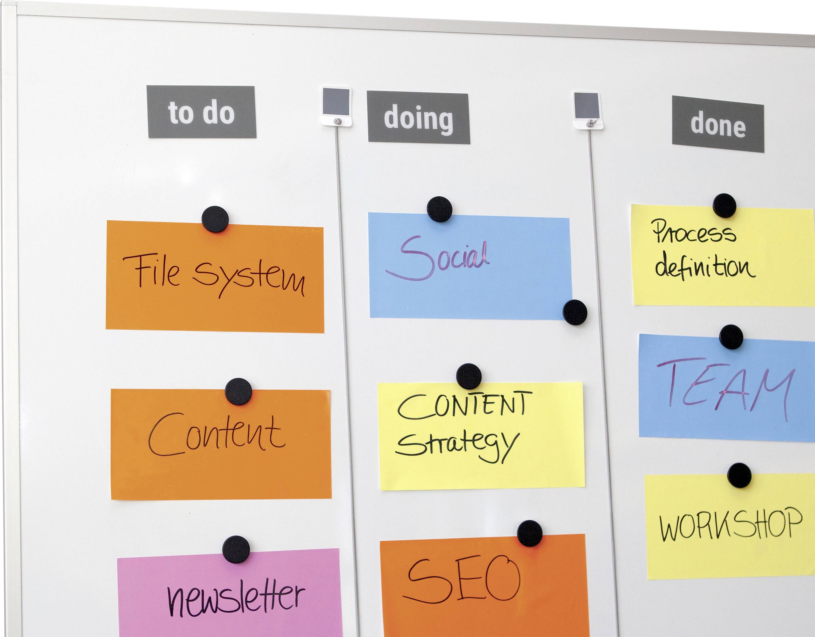 Whiteboard mit drei Spalten: 'to do', 'doing', 'done'. Karten zeigen Aufgaben wie 'File System', 'Content Strategy', 'SEO', 'TEAM'.