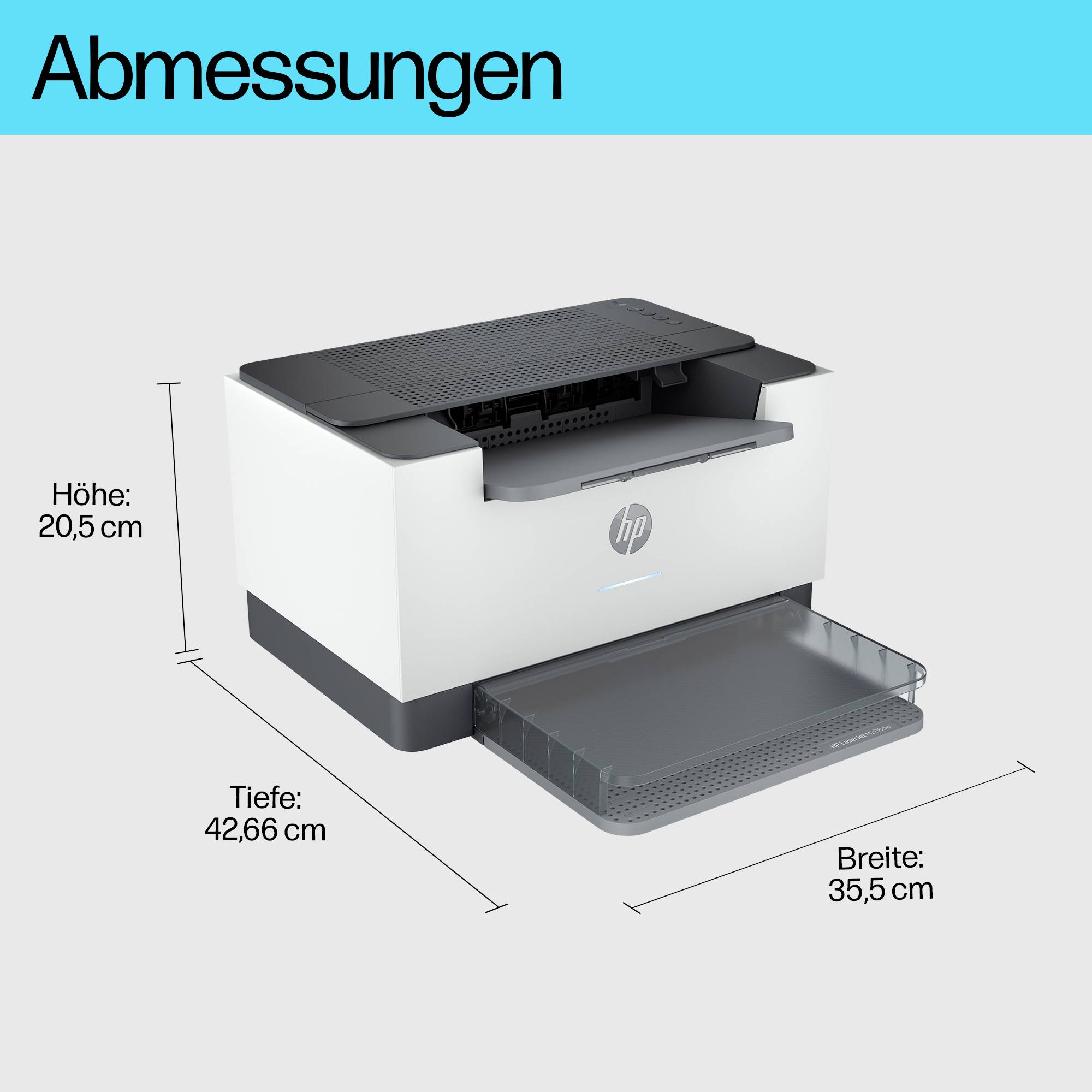 Drucker mit den Abmessungen: Höhe 20,5 cm, Tiefe 42,66 cm, Breite 35,5 cm. Papierablage herausgezogen.