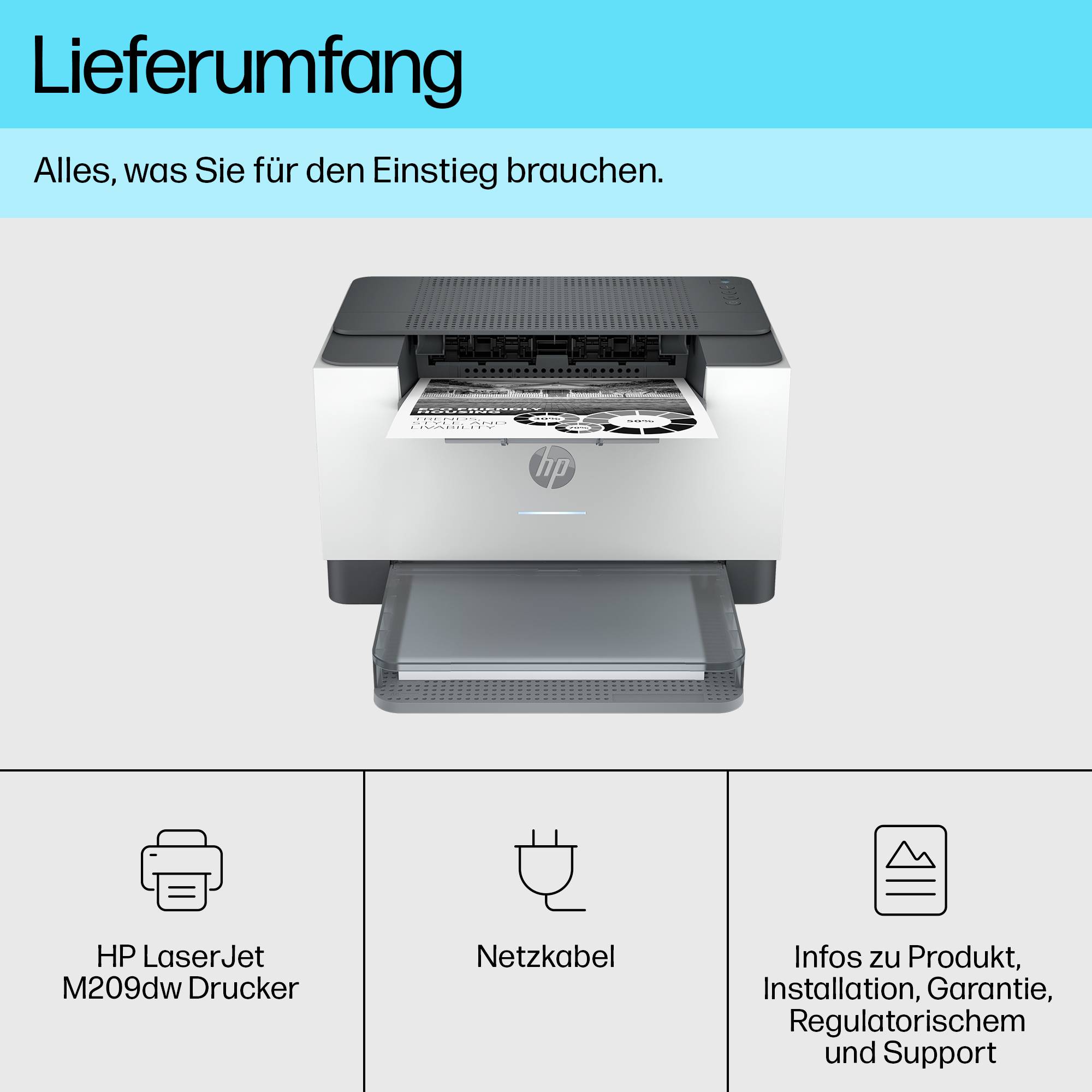 Der Lieferumfang enthält: HP LaserJet M209dw Drucker, Netzkabel, Infos zu Produkt, Installation, Garantie und Support.
