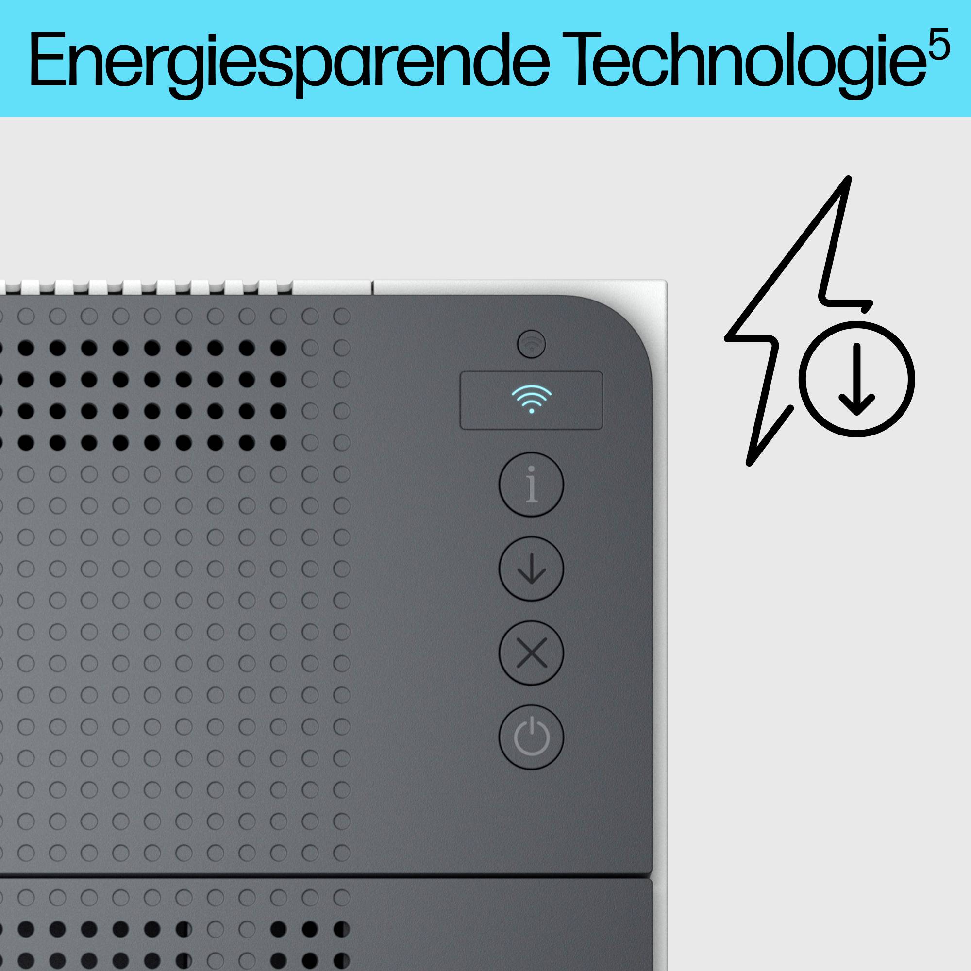 Gerät mit Symbolen für WLAN, Strom, und Standby. Text: 'Energiesparende Technologie'. Symbol für Energiesparen.