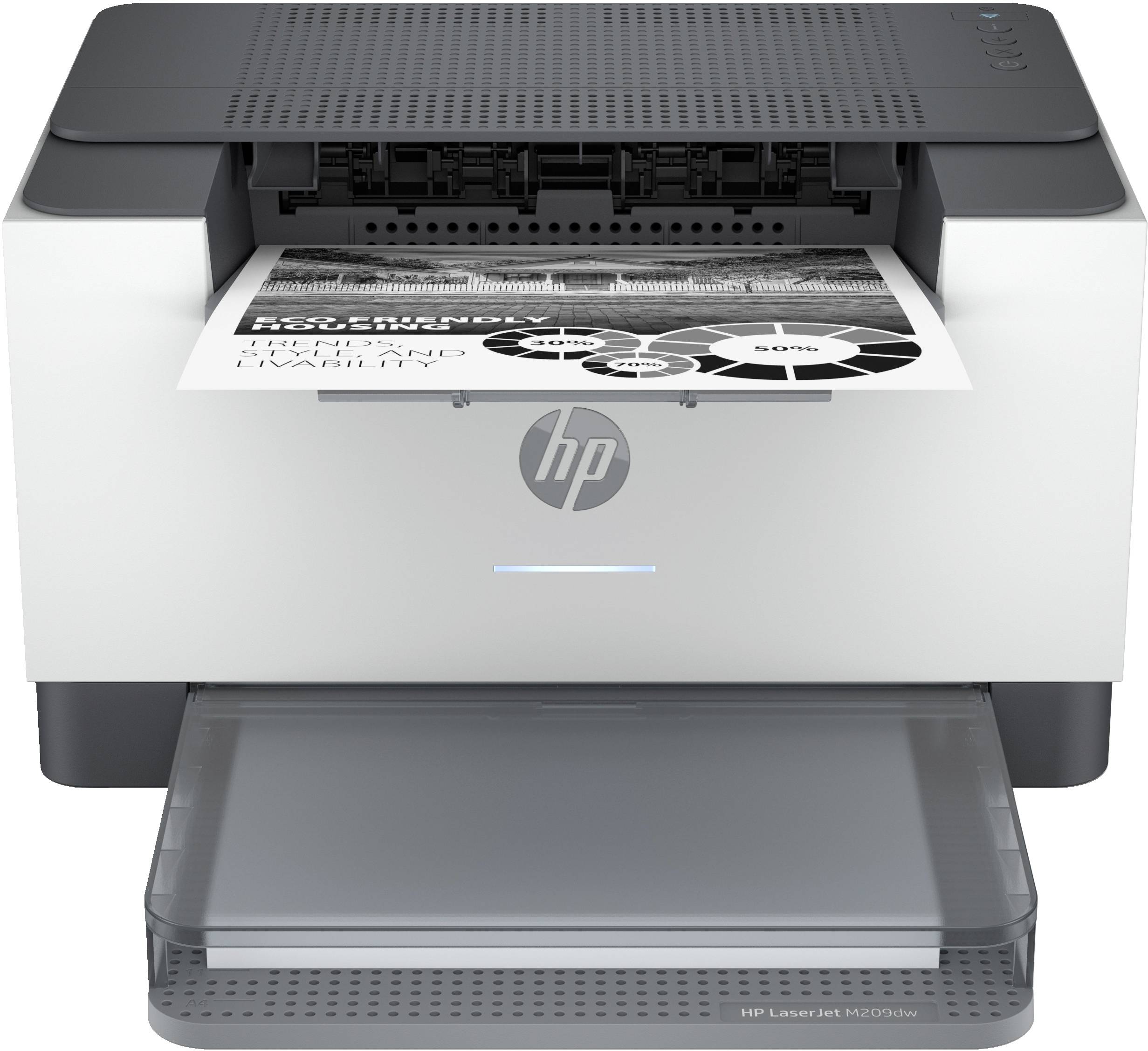 Vorderansicht eines HP-Laserdruckers, der eine Seite druckt, mit geöffnetem Papierausgabefach und einem teilweise ausgeworfenem Dokument.