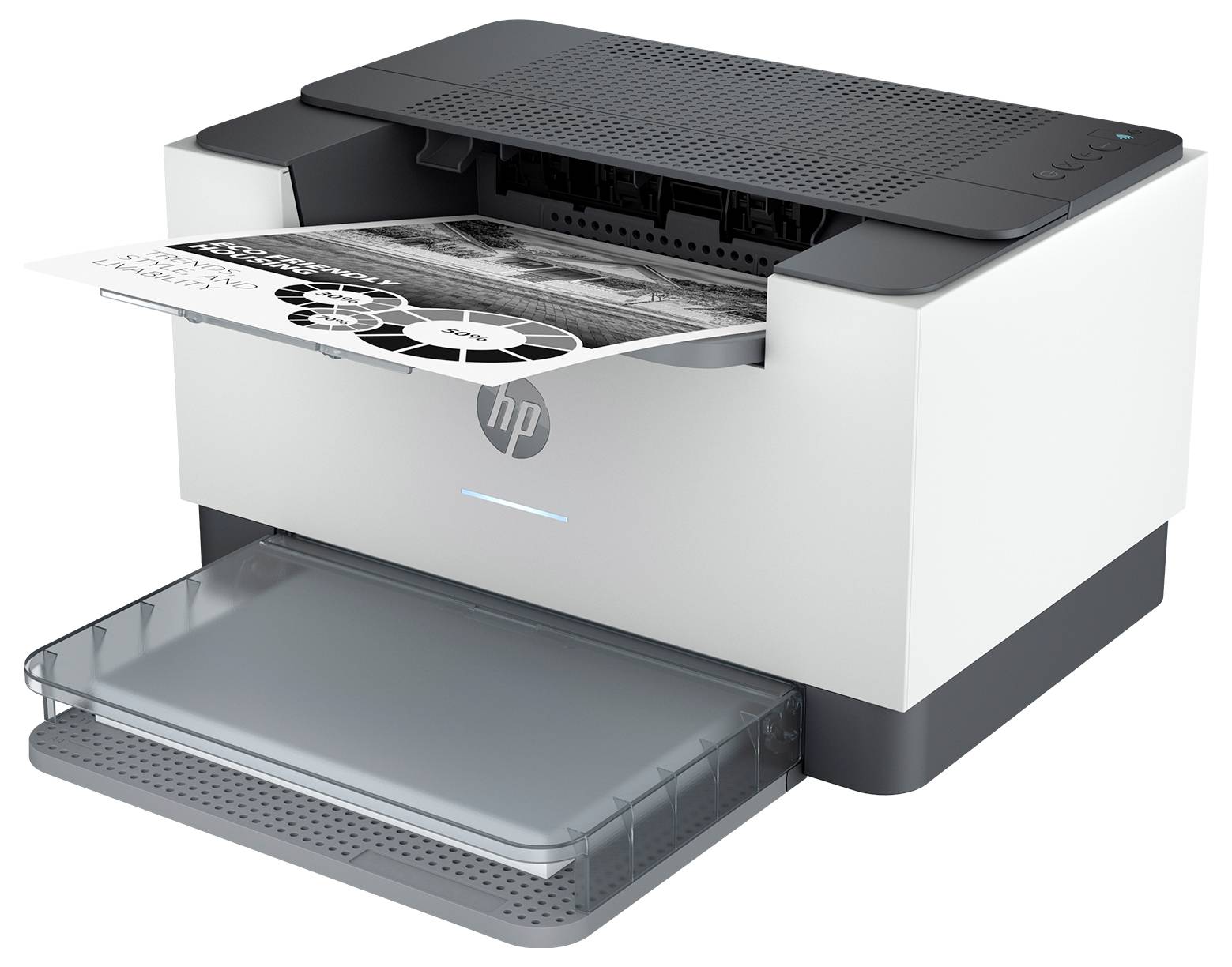 Ein Drucker, der ein Schwarzweißdokument mit Diagrammen und Text ausgibt. Der Drucker ist schlicht gestaltet.