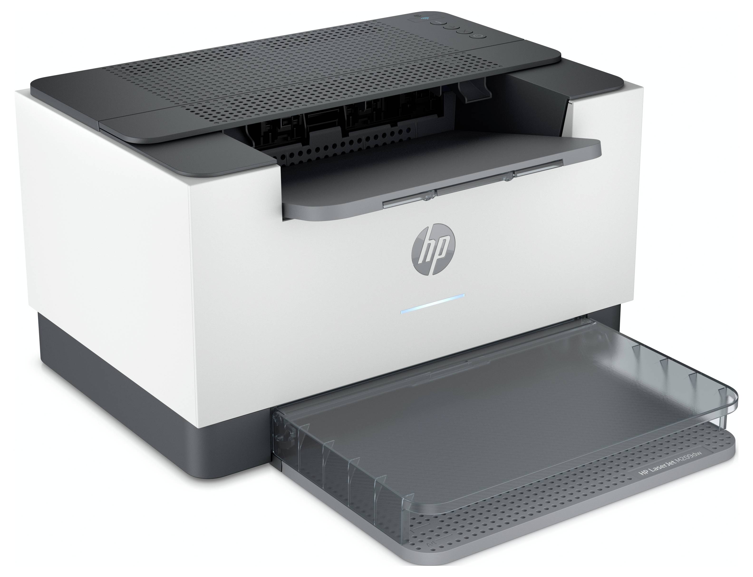 HP-Laserdrucker mit ausgezogener Papierkassette an der Vorderseite und geöffnetem oberen Ausgabefach, gezeigt auf weißem Hintergrund.