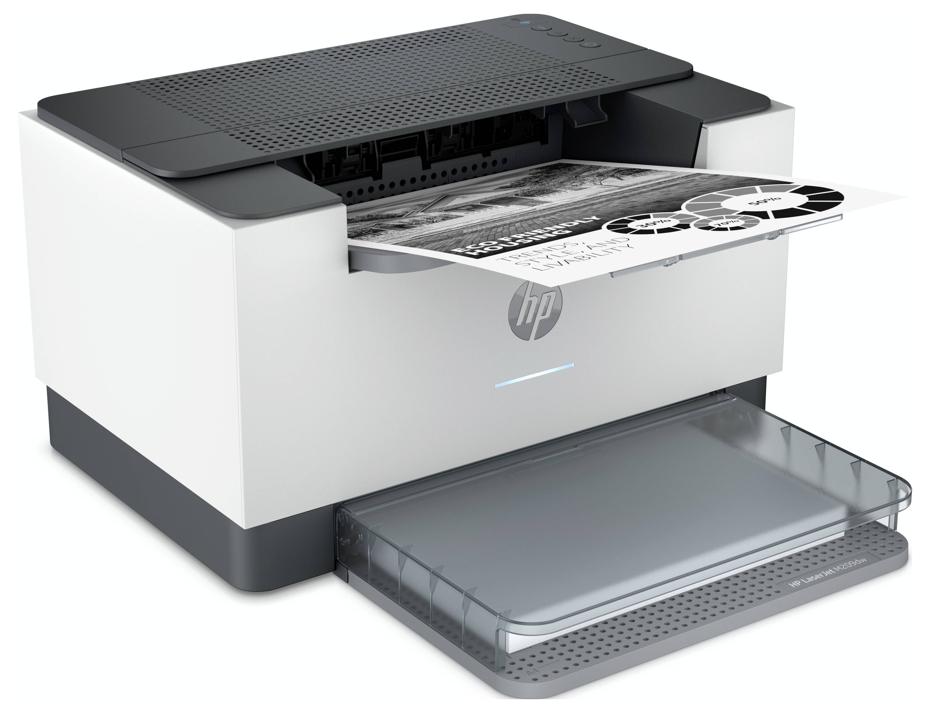 HP-Laserdrucker druckt ein Schwarz-Weiß-Dokument, mit ausgefahrenem Papierfach und Ausgabefach, das bedruckte Seiten hält.