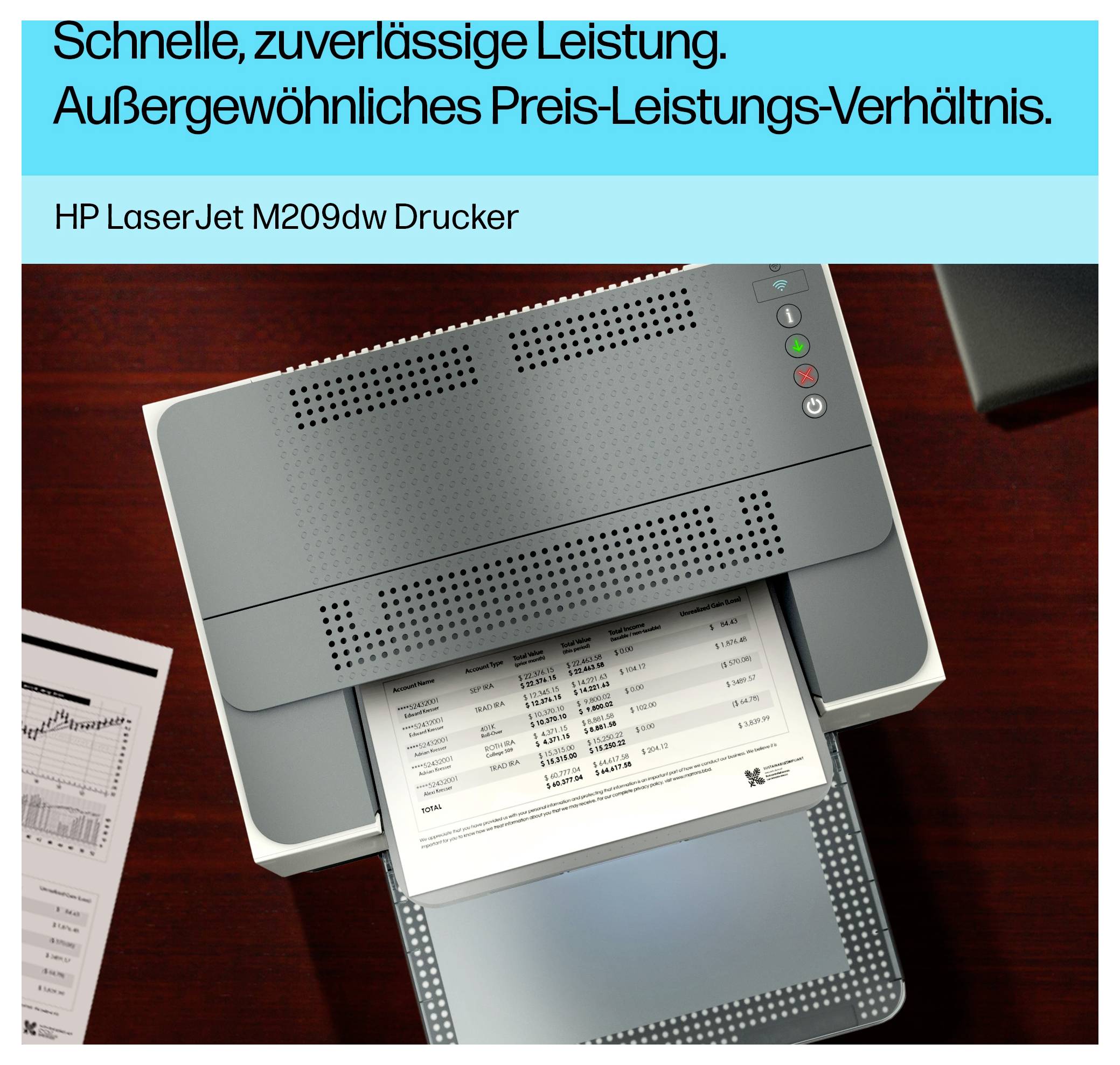 HP LaserJet M209dw Drucker wird beim Drucken eines Dokuments angezeigt, mit deutschem Anzeigentext, der schnelle, zuverlässige Leistung und ausgezeichnetes Preis-Leistungs-Verhältnis verspricht.