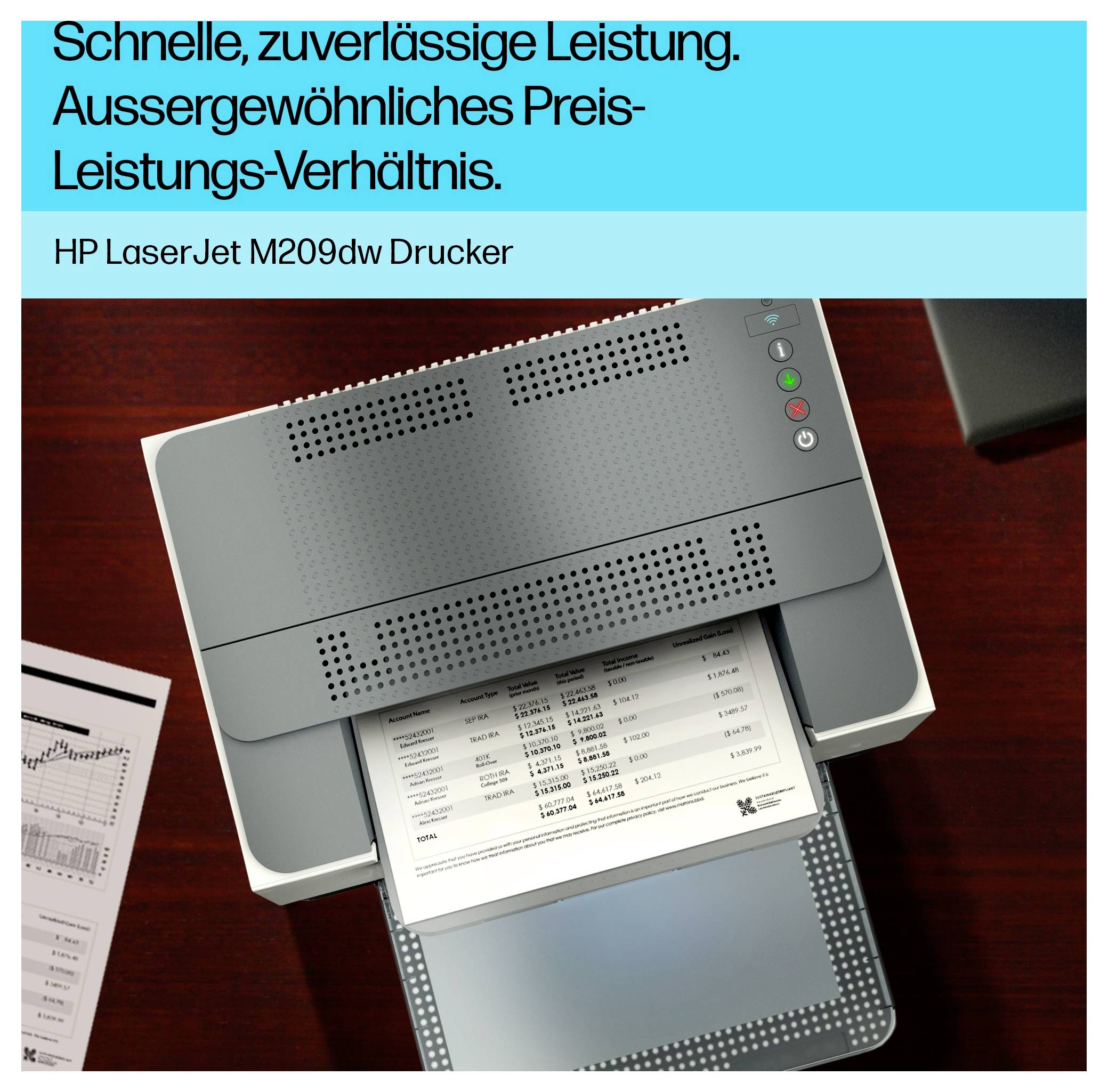 HP LaserJet M209dw Drucker druckt ein Dokument; deutsche Anzeigentexte fördern schnelle, zuverlässige Leistung und Wert.