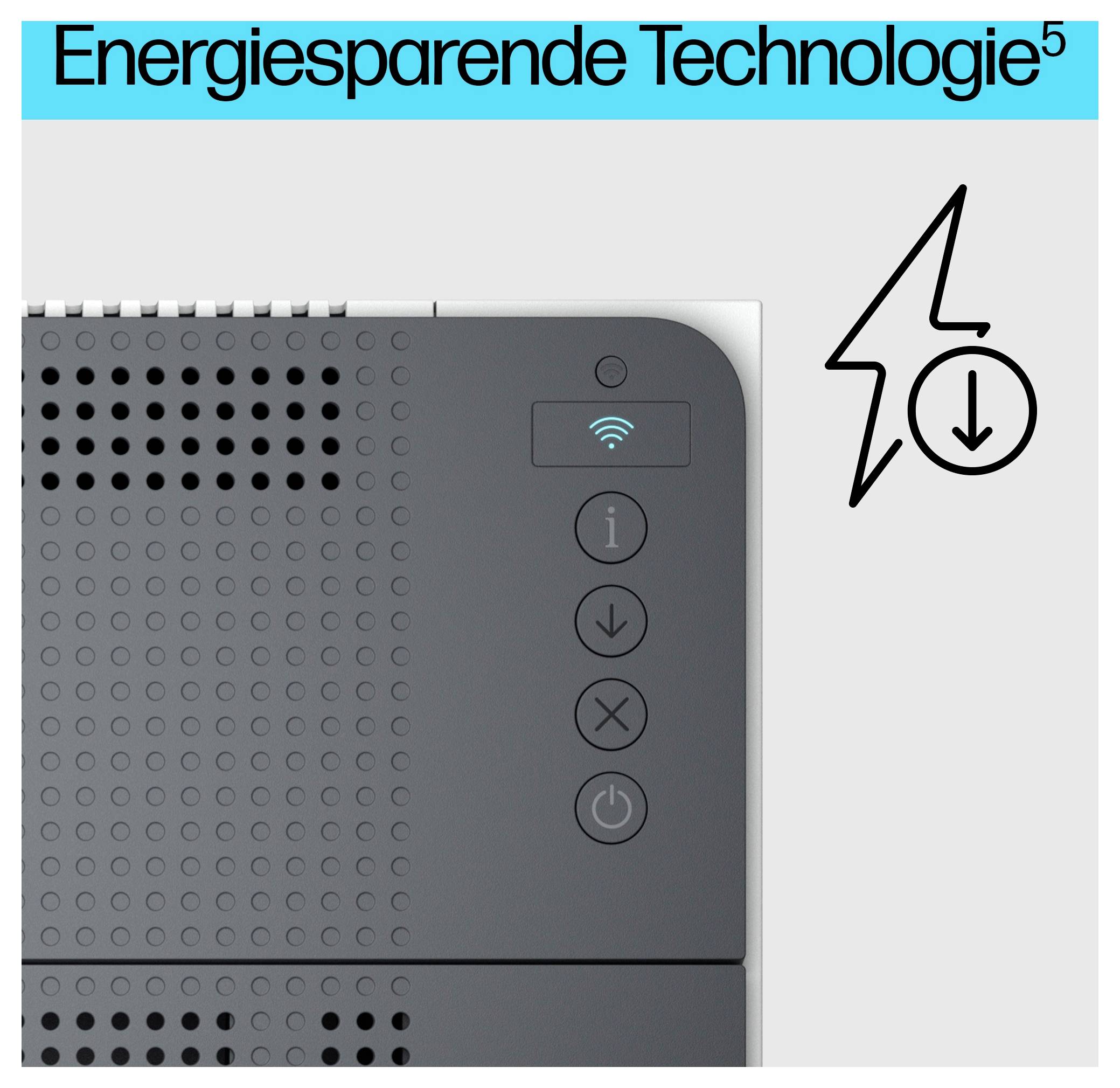 Stromspargrafik mit grauem Gerätefeld mit Wi-Fi-, Info-, Download-, Schließ- und Stromversorgungssymbolen unter dem Titel „Energiesparende Technologie".