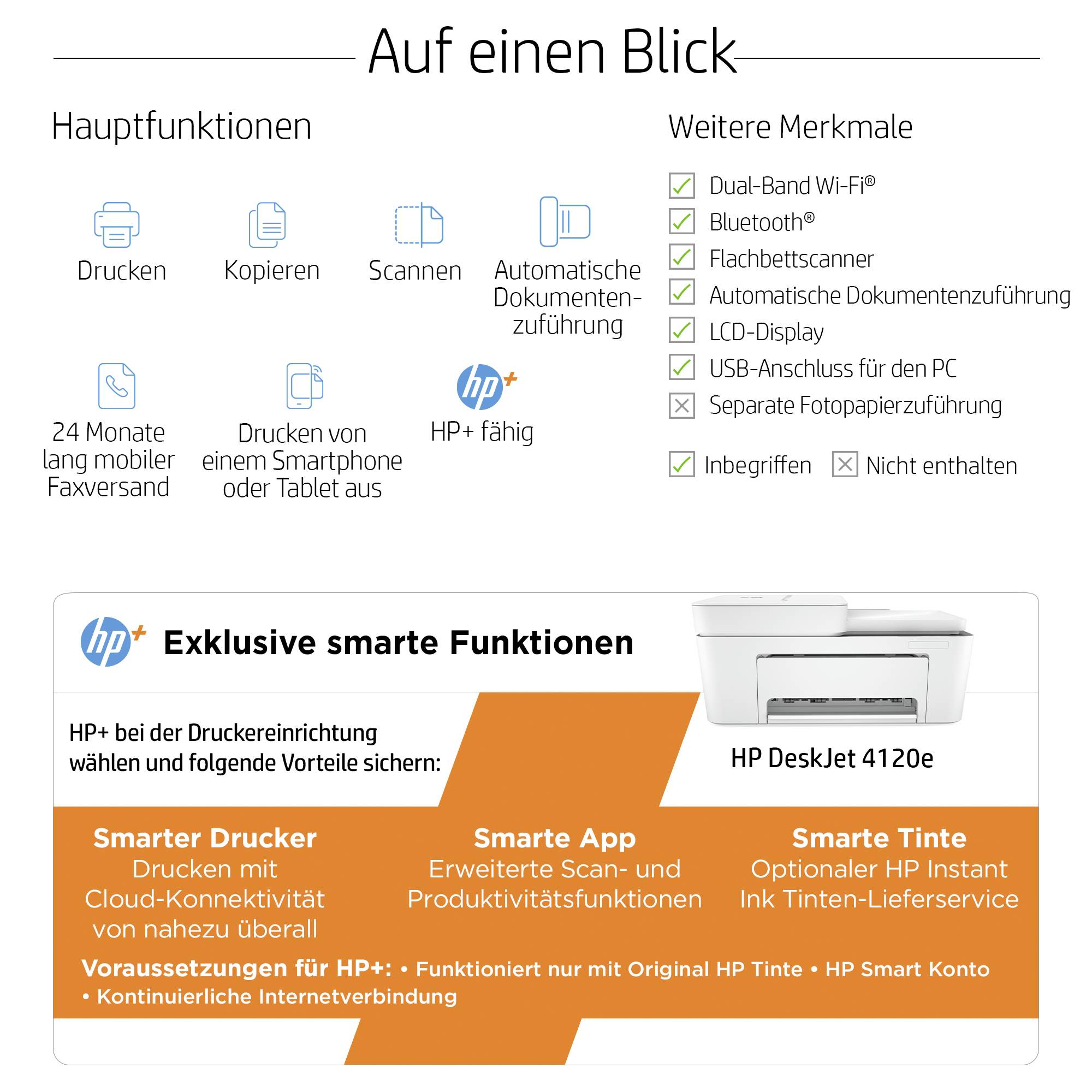 HP Deskjet 4120e All-in-One HP+ Tintenstrahl-Multifunktionsdrucker A4 Drucker, Kopierer, Scanner, Fax Instant Ink, WLAN
