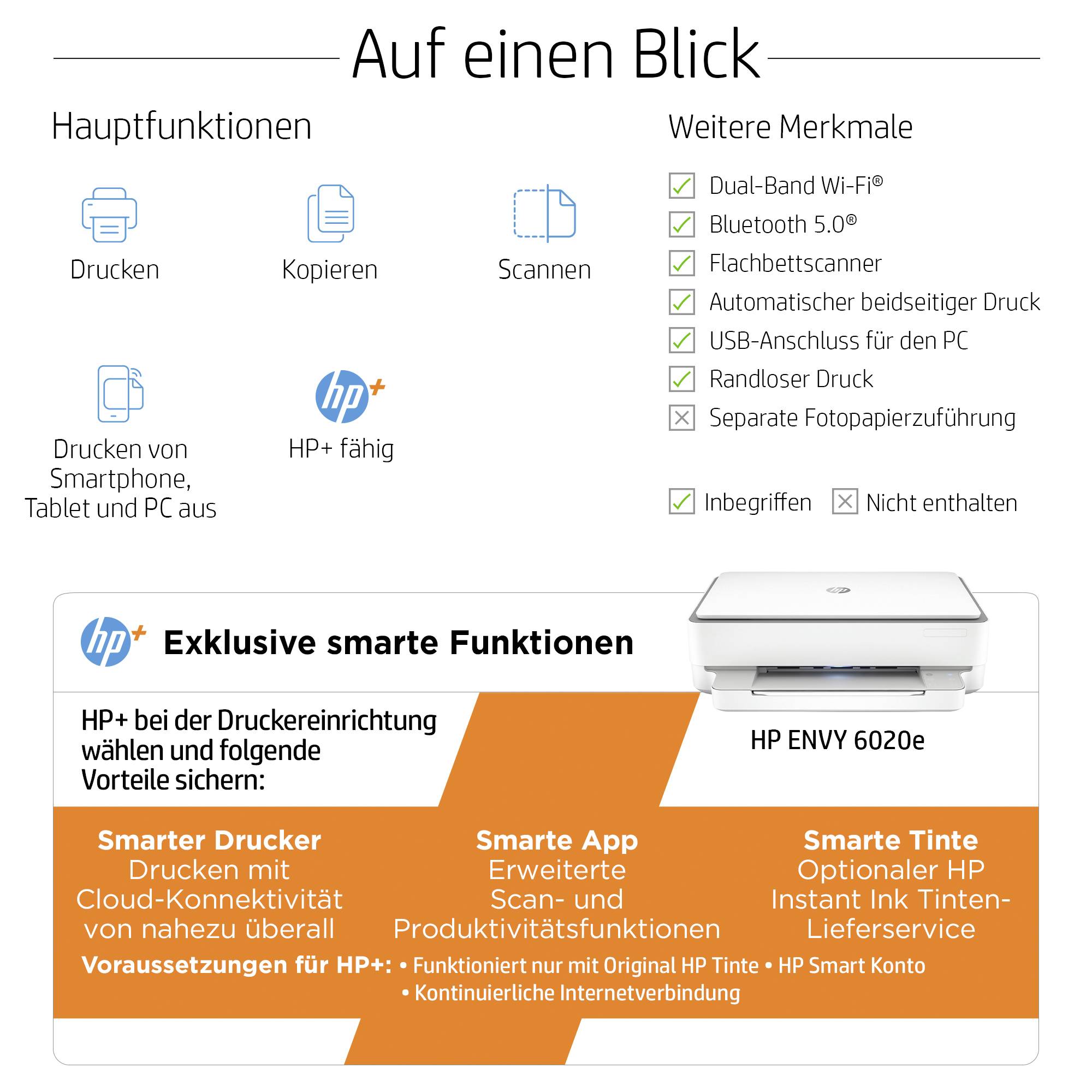 HP Envy 6020 e Multifunktionsdrucker Tintenstrahl Farbe A4 Drucker, Scanner, Kopierer HP Instant Ink, Duplex, WLAN, Bluetooth®