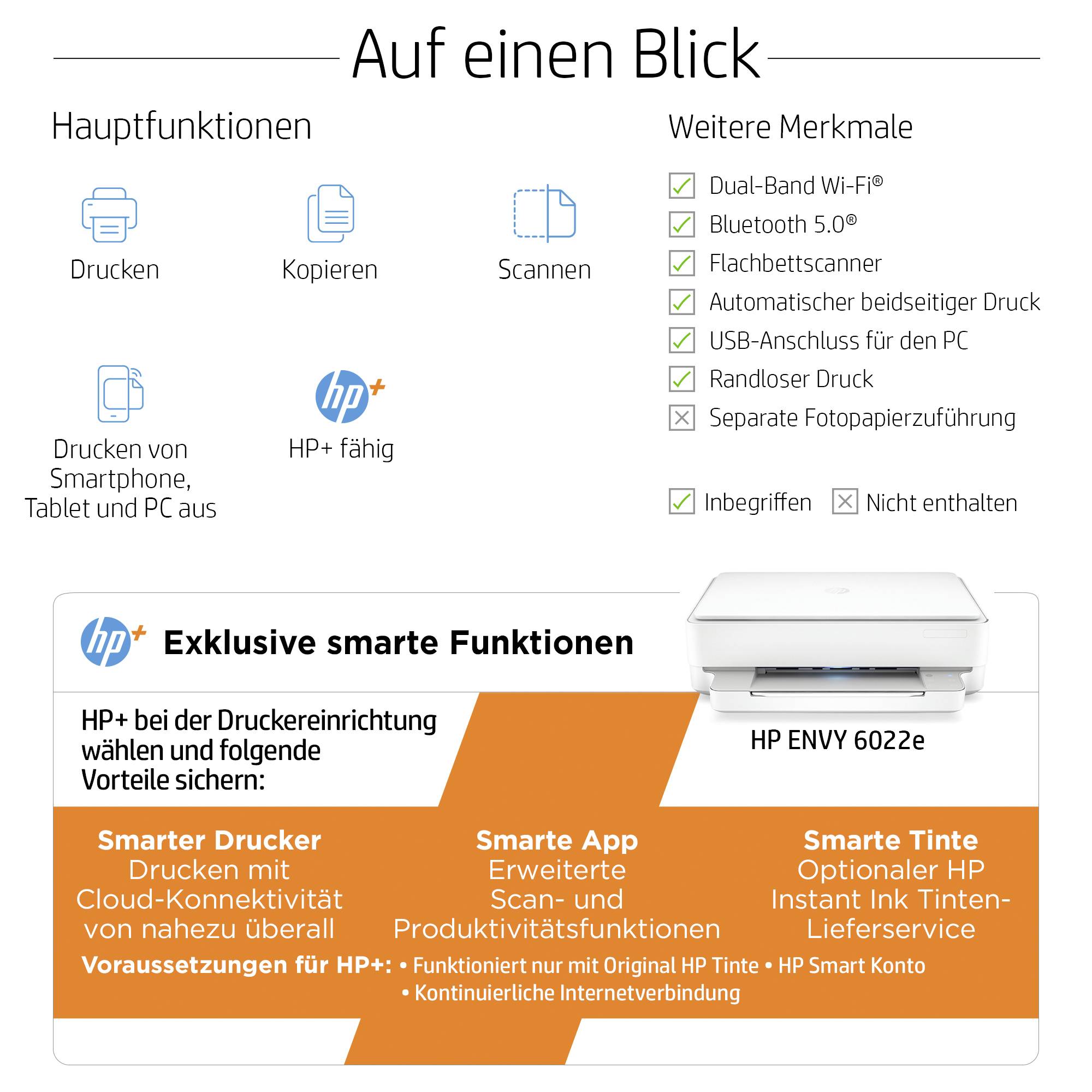 HP Envy 6022 e Multifunktionsdrucker Tintenstrahl Farbe A4 Drucker, Scanner, Kopierer HP Instant Ink, Duplex, WLAN, Bluetooth®