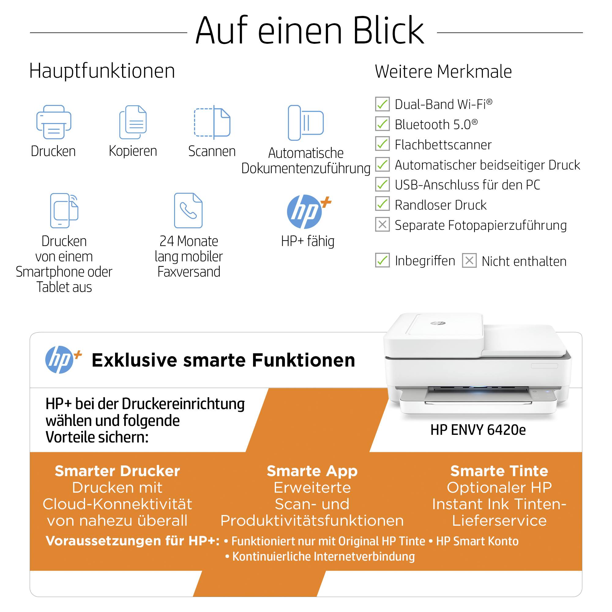 HP ENVY 6420e All-in-One HP+ Multifunktionsdrucker Tintenstrahl Farbe A4 Drucker, Scanner, Kopierer, Fax HP Instant Ink, Duplex, WLAN, Bluetooth®