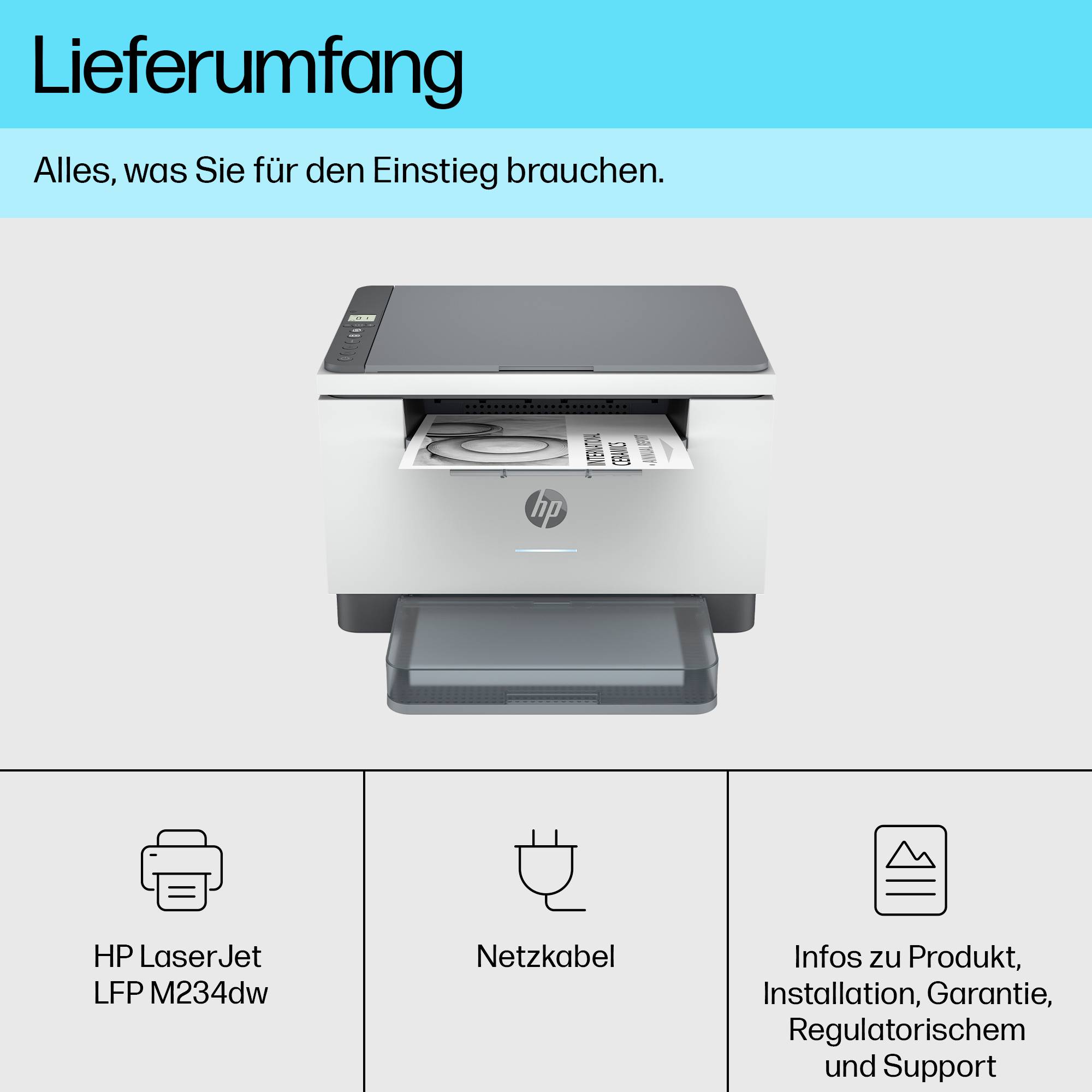 'Lieferumfang' zeigt einen Drucker, Netzwerkkabel und Informationsunterlagen für Installation, Garantie und Support.