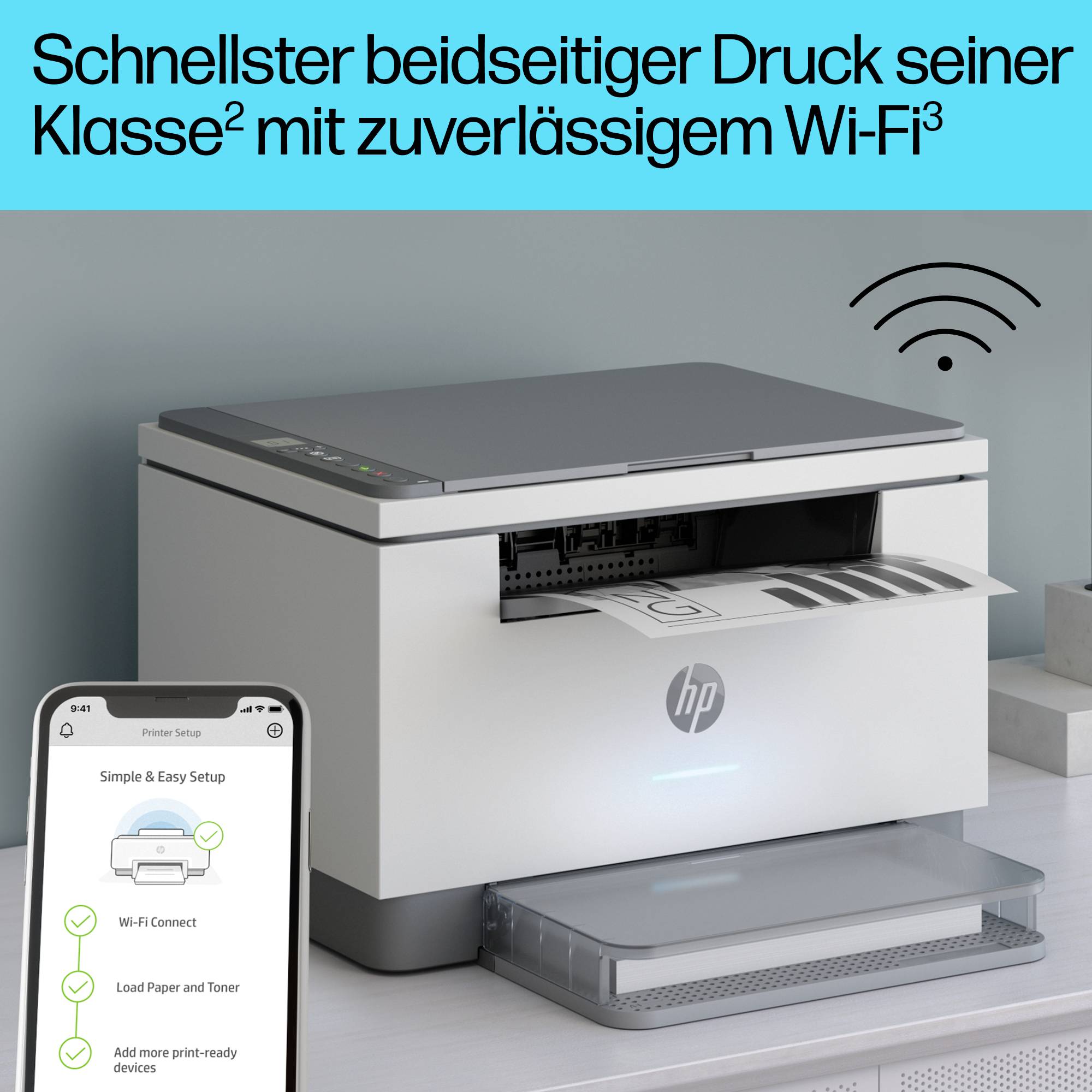 Ein moderner Drucker mit der Aufschrift 'Schnellster Drucker beidseitiger Druck seiner Klasse'. Daneben ein Smartphone mit Drucksteuerung.