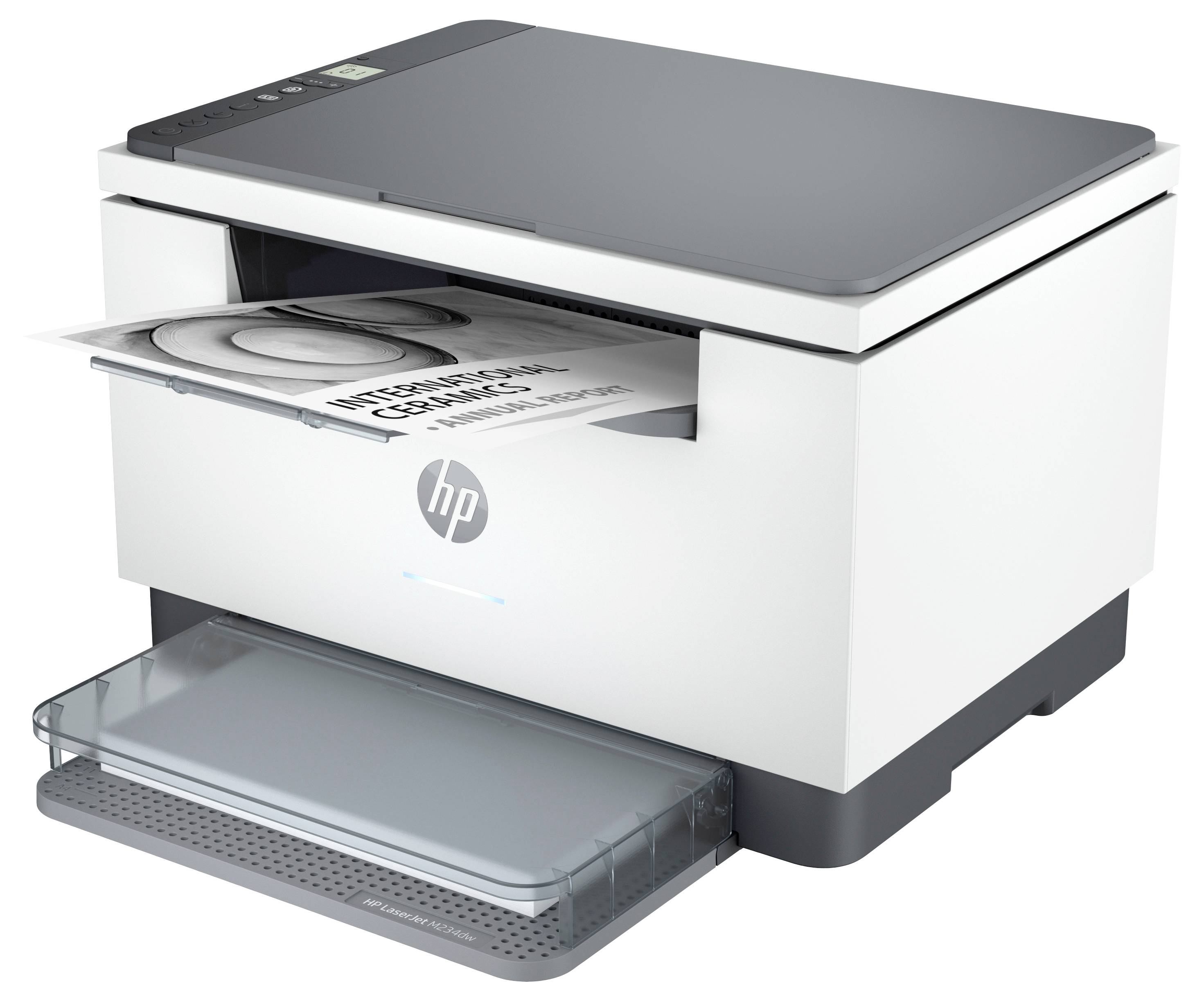 Weißer HP Multifunktionsdrucker beim Scannen oder Drucken eines Dokuments, mit sichtbarem Papierfach und Ausgabefach.