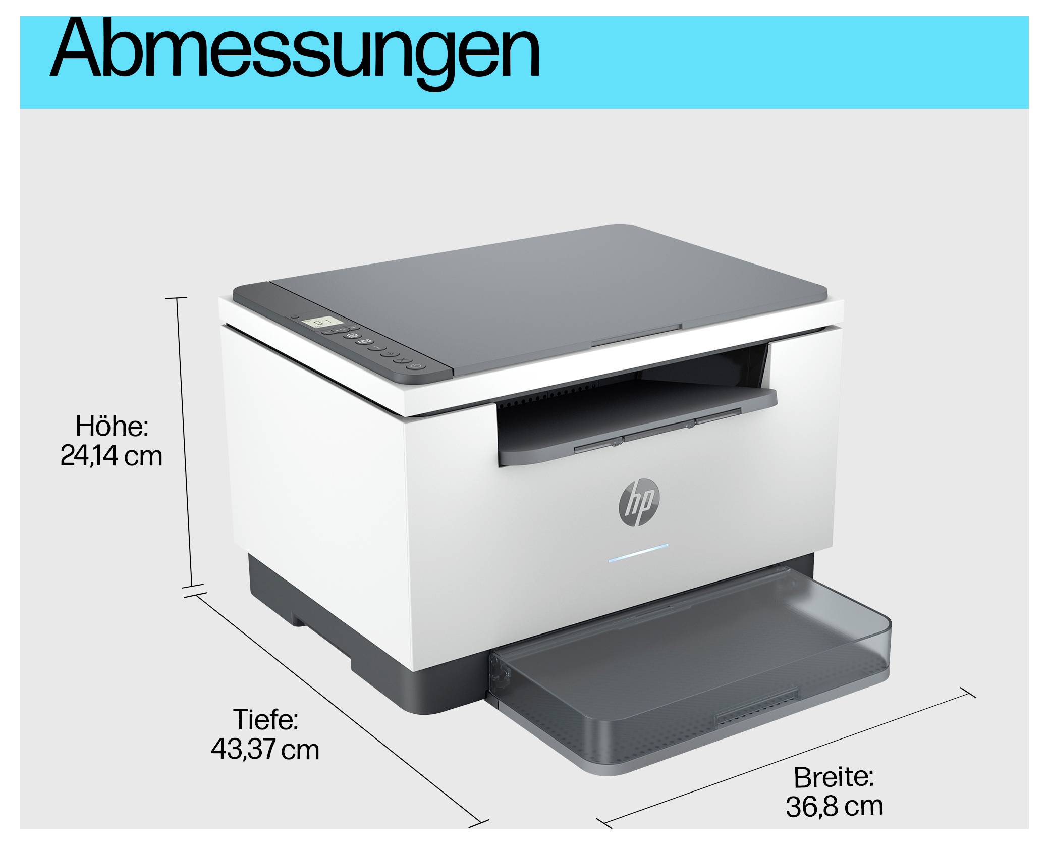 Diagramm eines HP-Druckers mit den folgenden Abmessungen: Höhe 24,14 cm, Tiefe 43,37 cm und Breite 36,8 cm.