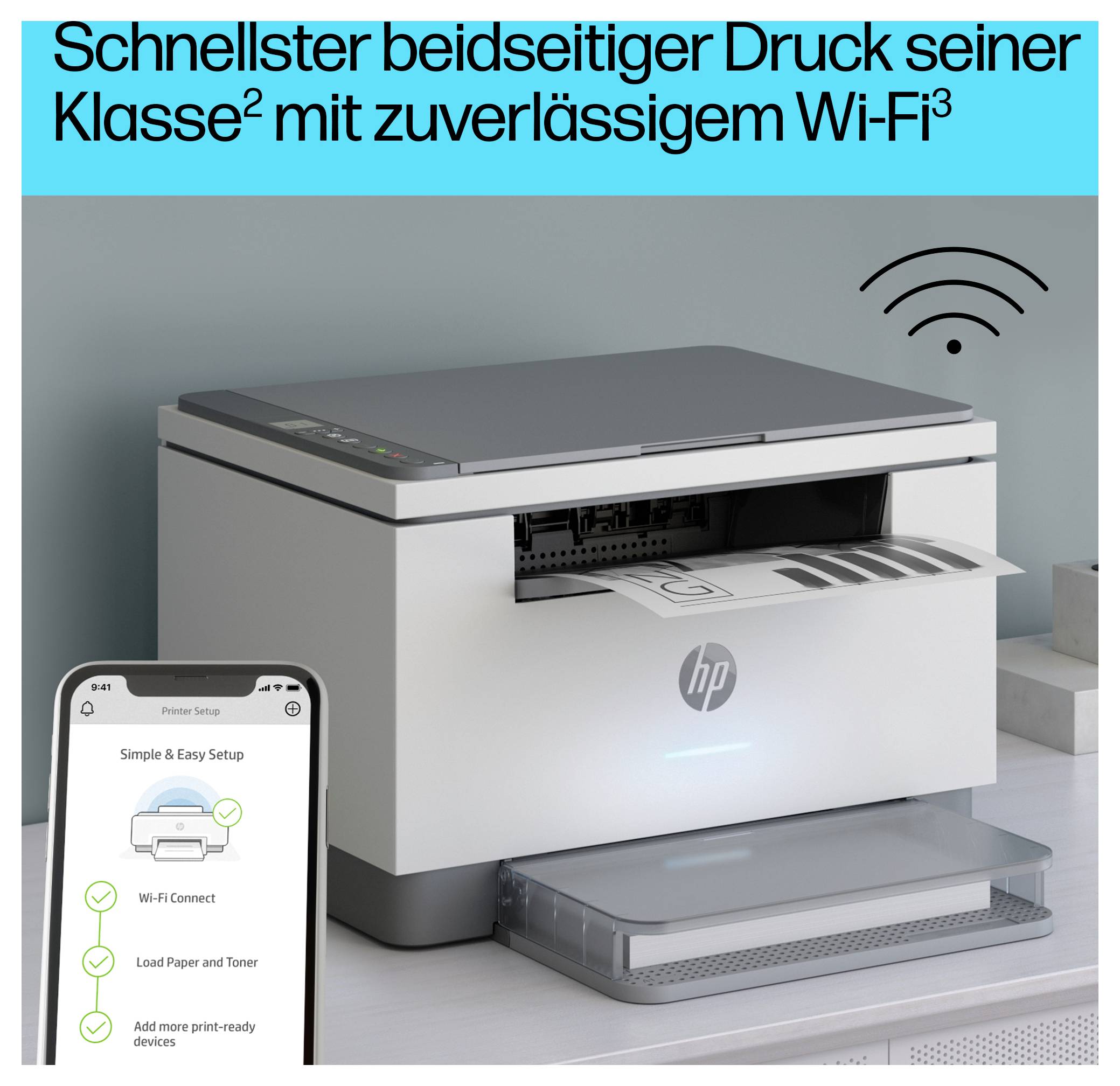 HP Multifunktionsdrucker druckt eine Seite, mit Wi-Fi-Symbol und Smartphone-App-Setupbildschirm, der einfache und benutzerfreundliche Installationsschritte zeigt.