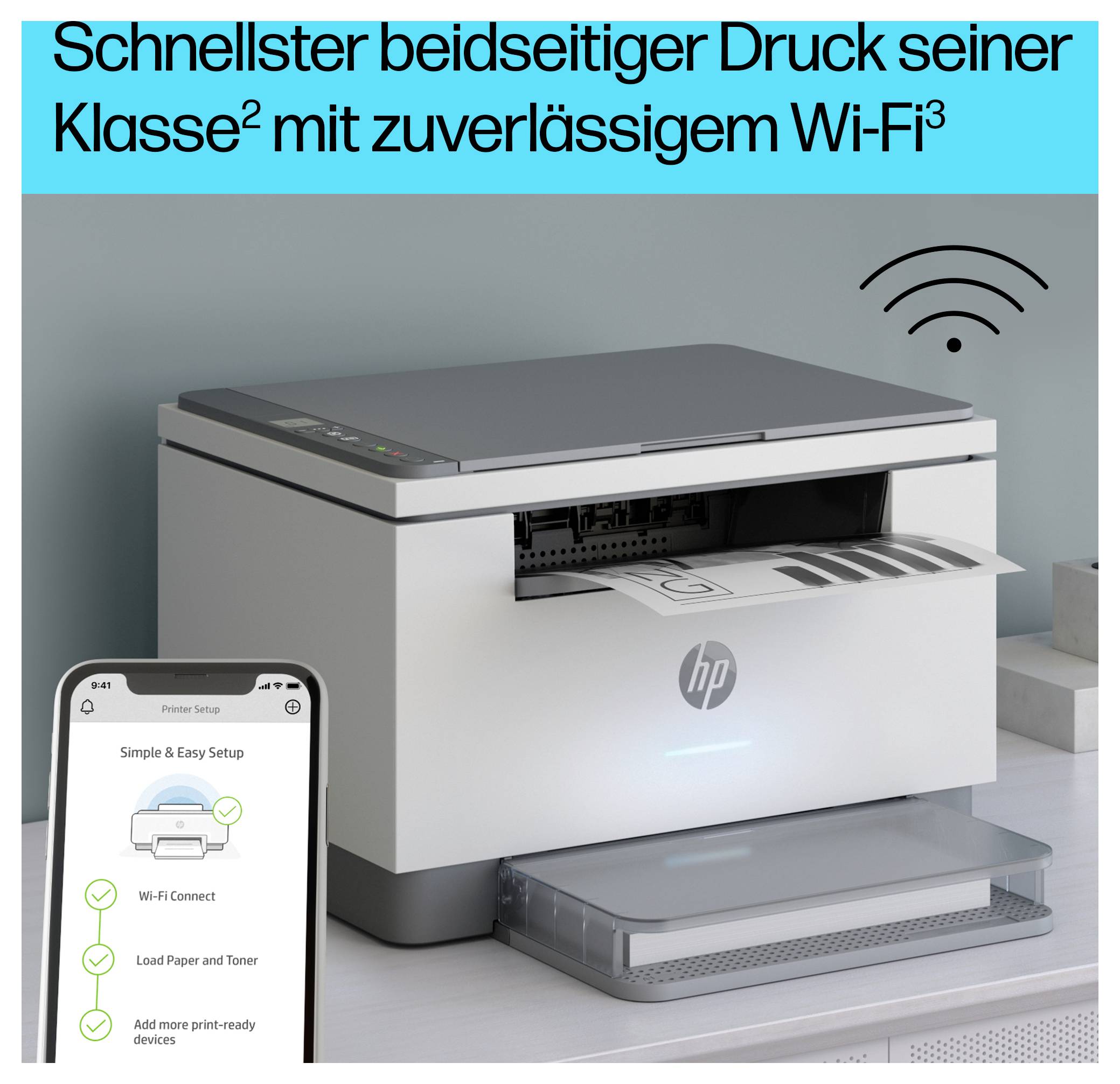 HP-Drucker mit Wi-Fi-Symbol und einer Telefon-App, unter deutschem Text „Schnellster beidseitiger Druck seiner Klasse mit zuverlässigem Wi-Fi³".