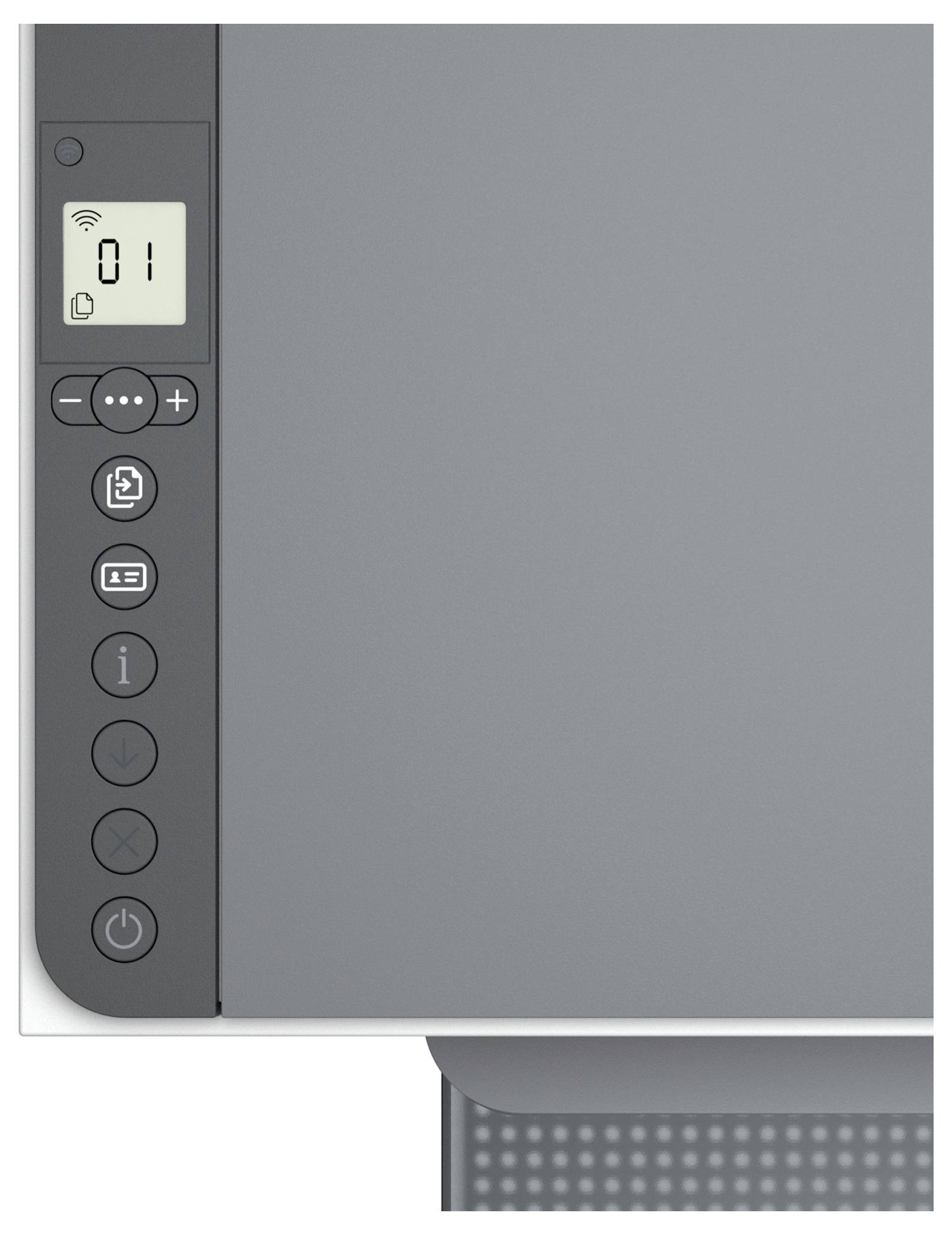 Nahaufnahme eines Druckersteuerfelds mit einem LCD-Display, das „01" anzeigt, und Tasten für Menü, Kopieren, Information, Abbrechen und Ein-/Ausschalter.