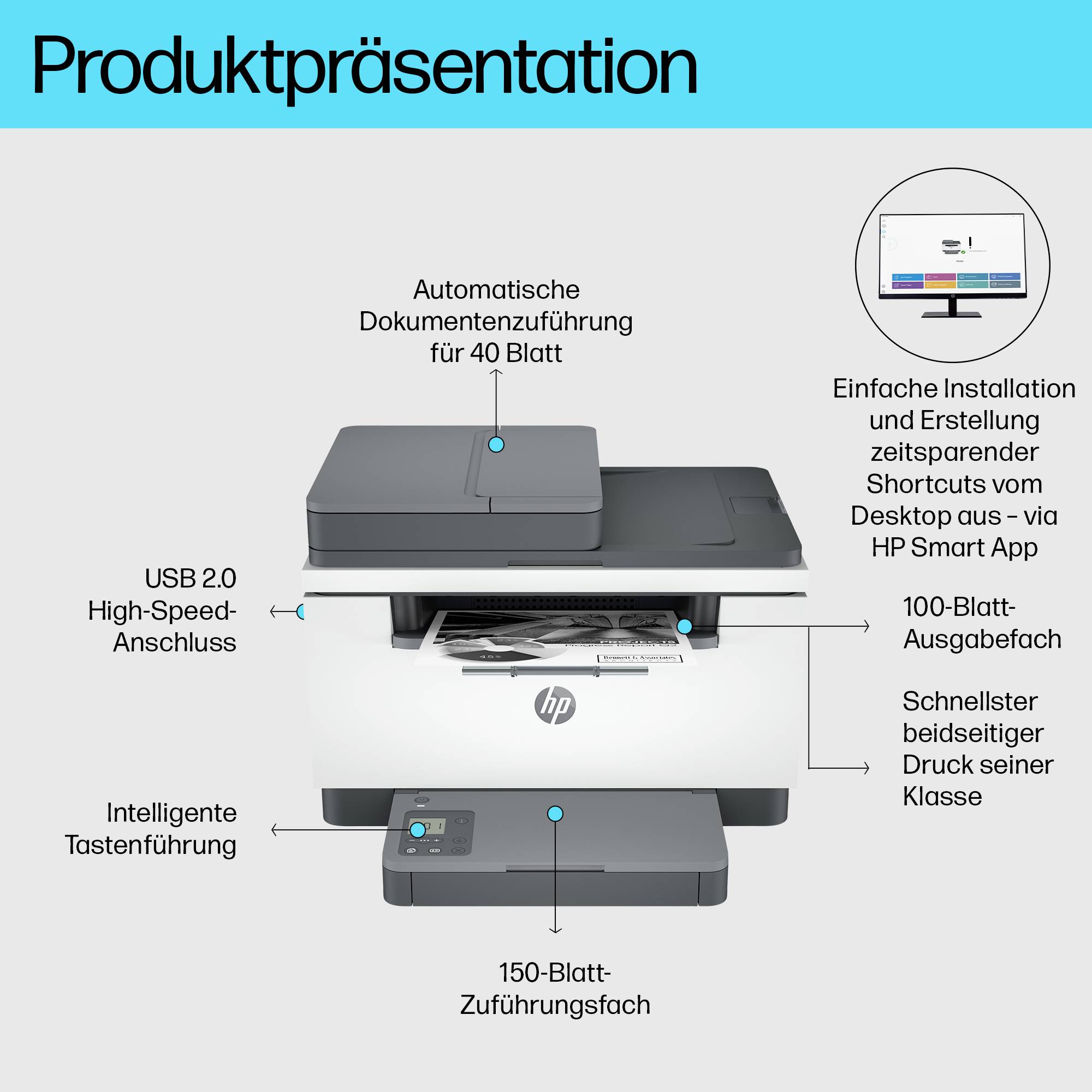 Multifunktionsdrucker in Präsentation mit Details. Funktionen: automatischer Dokumenteneinzug, USB-Anschluss, intelligente Tasten. 150-Blatt-Zufuhrfach. Schneller Druck.